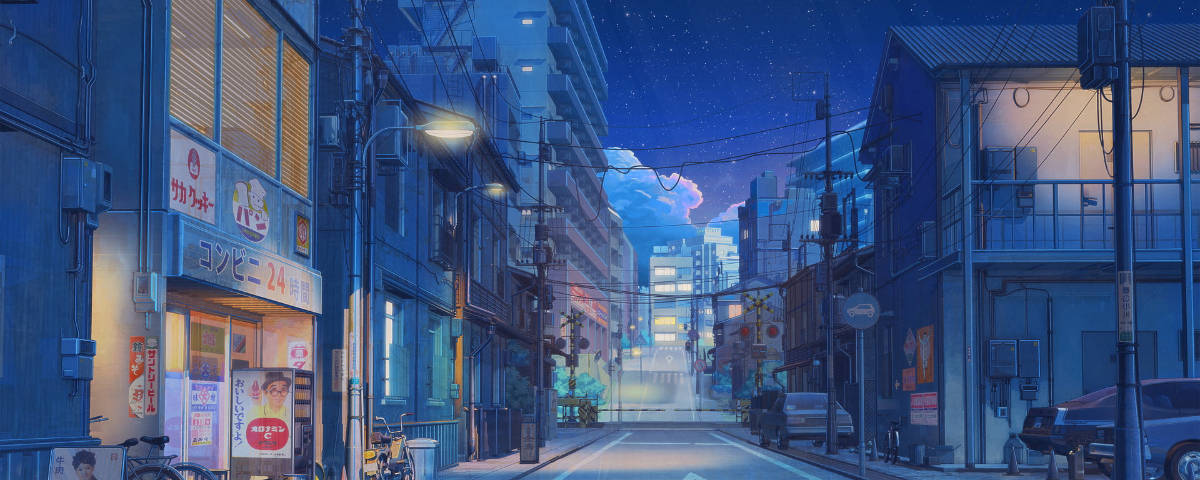1200x480 アニメ街の店舗 壁紙