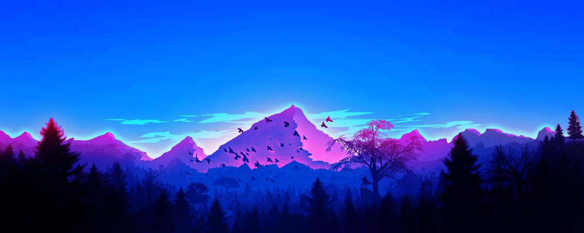 1200x480 ネオンパープルの山々 壁紙