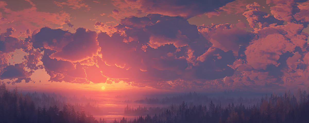 1200x480 ピンクの雲夕焼け空 壁紙