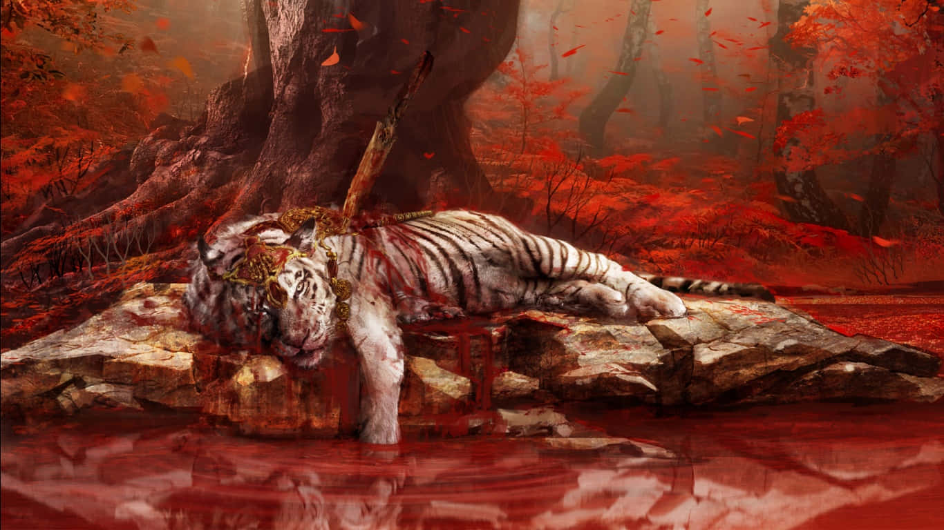 1366x768 Far Cry 4 背景 血まみれの瀕死の虎 壁紙