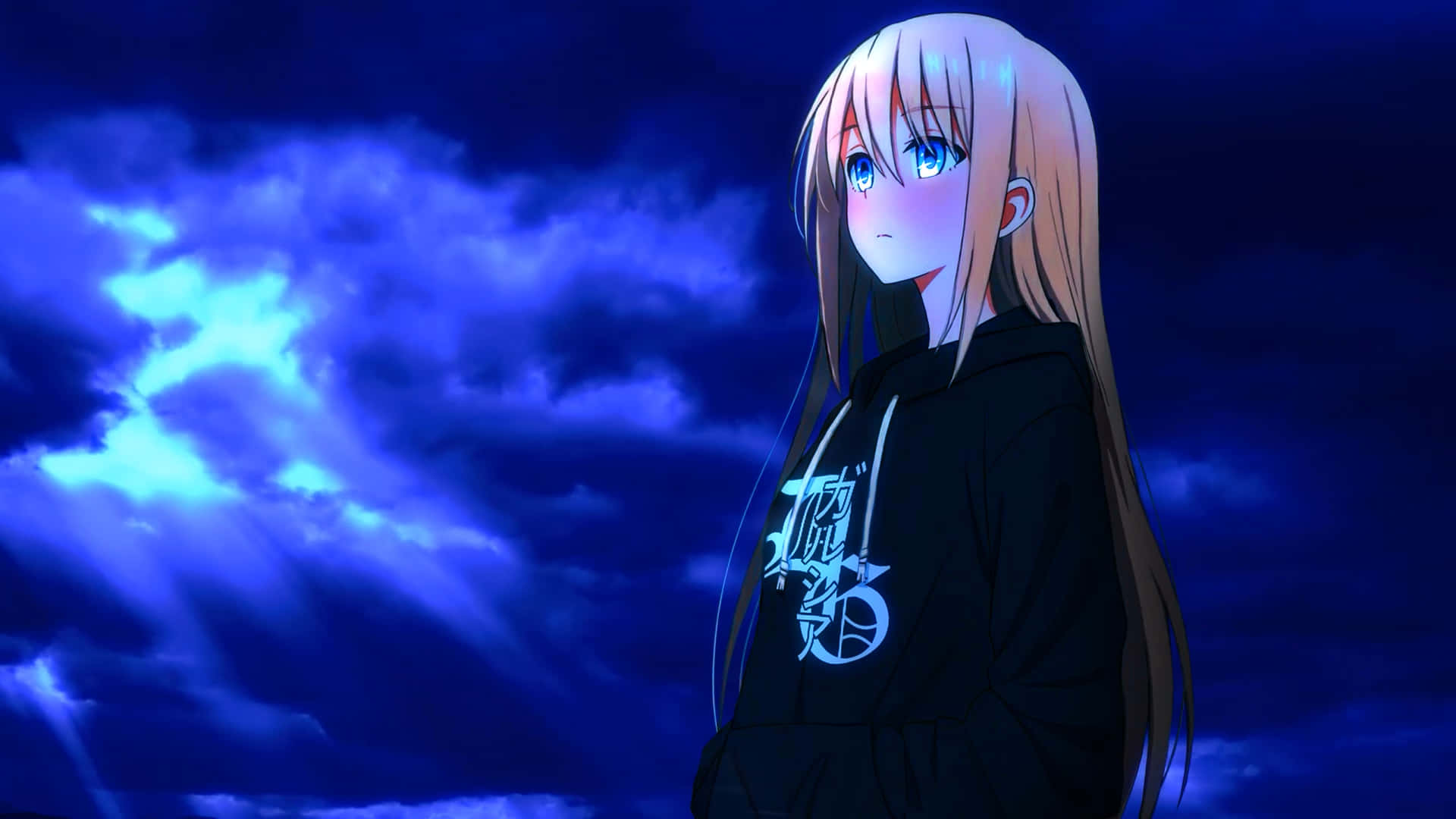 1920x1080 アニメ風 暗い青 少女 壁紙