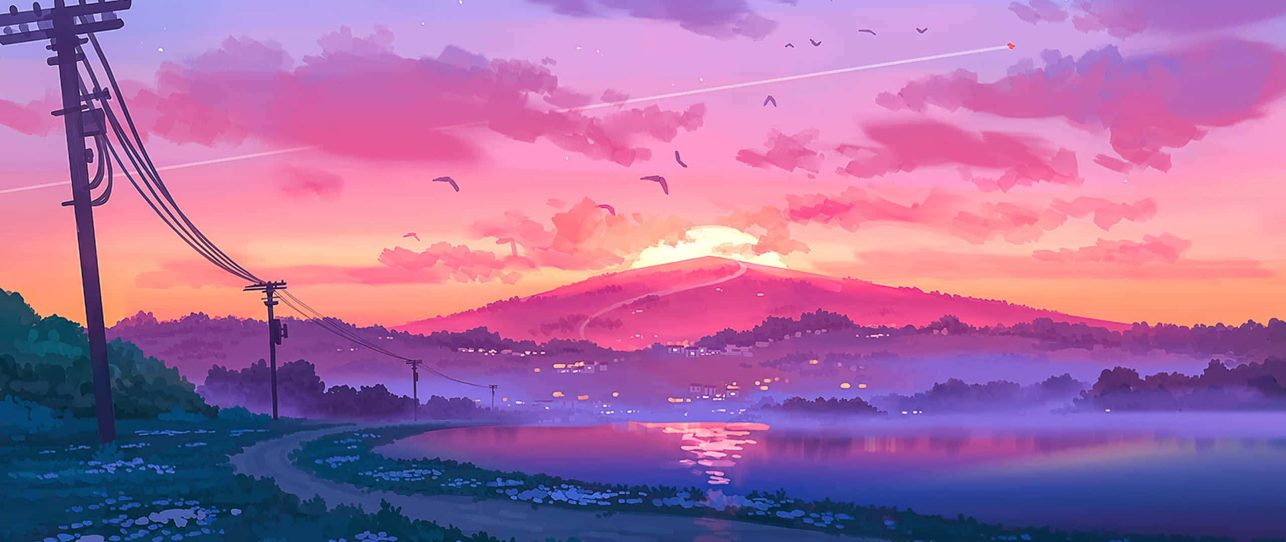 アニメ風夕焼けのアート 2560x1080 壁紙