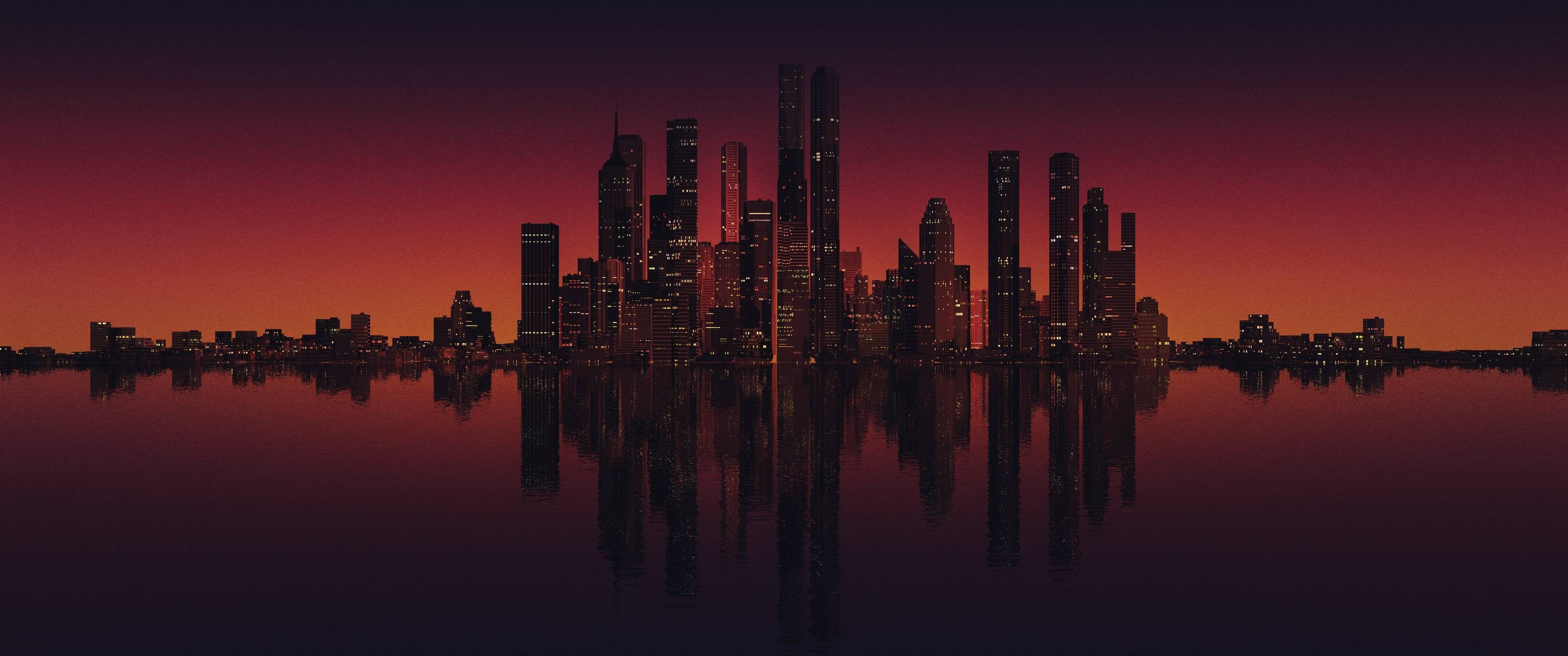 3440x1440 ミニマルスカイラインウォーターズ 壁紙