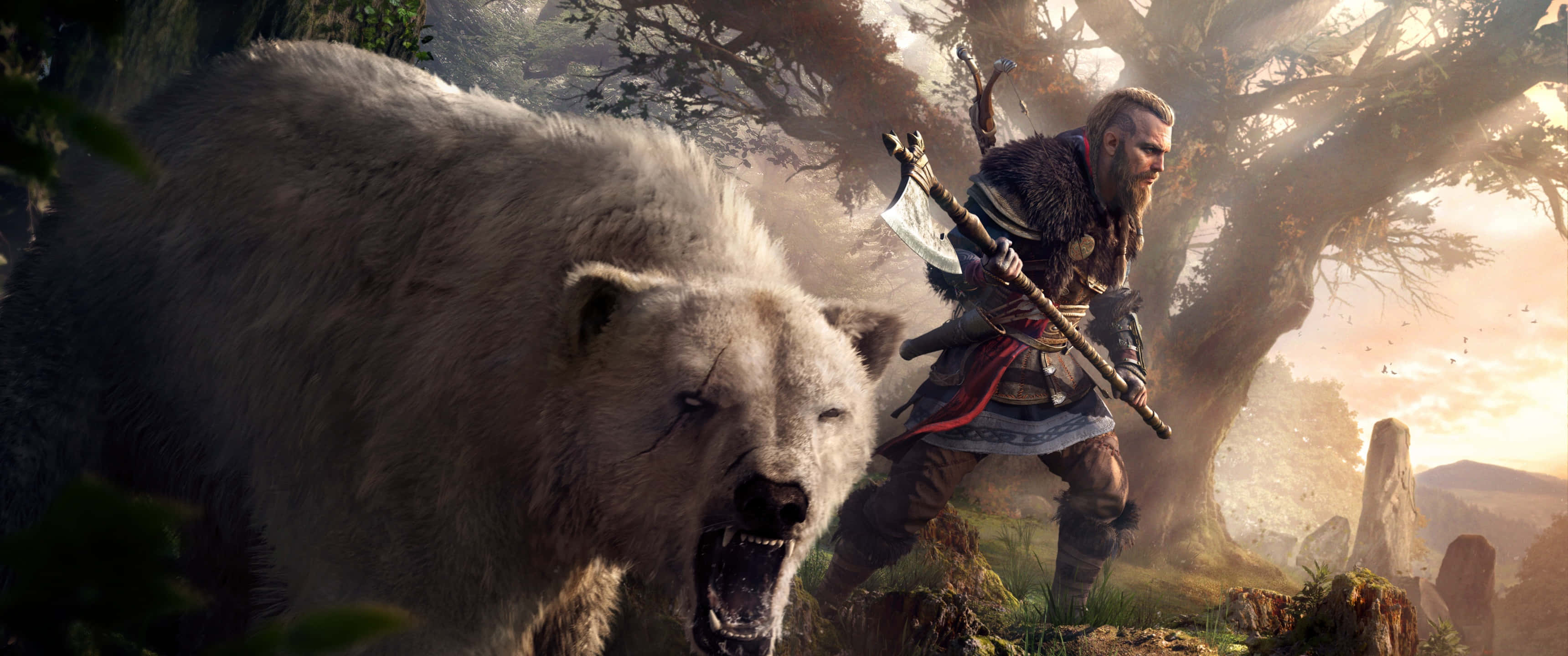 3440x1440p アサシン クリード オデッセイ 背景 戦士とホッキョクグマ 壁紙