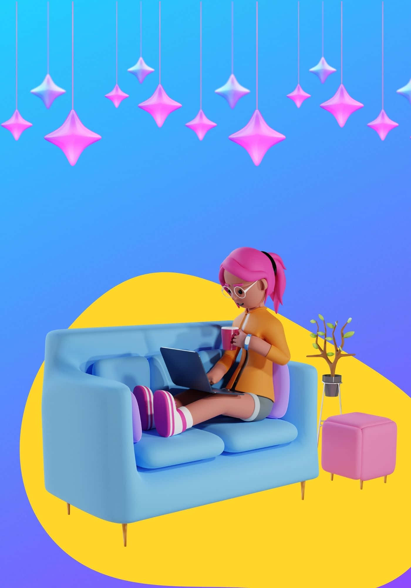 クールな3D女性と青いソファの背景 壁紙