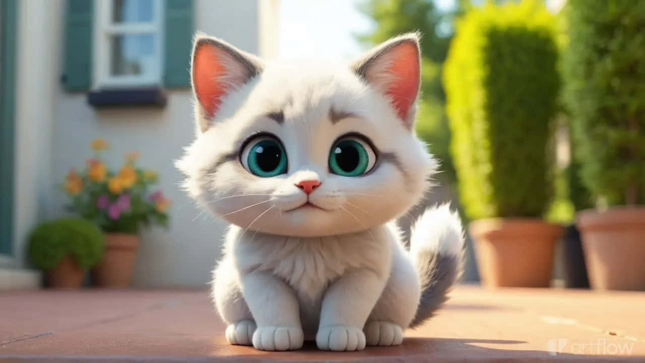 屋外に座る大きな目のかわいい子猫 – 愛らしい3Dスタイルの猫 壁紙
