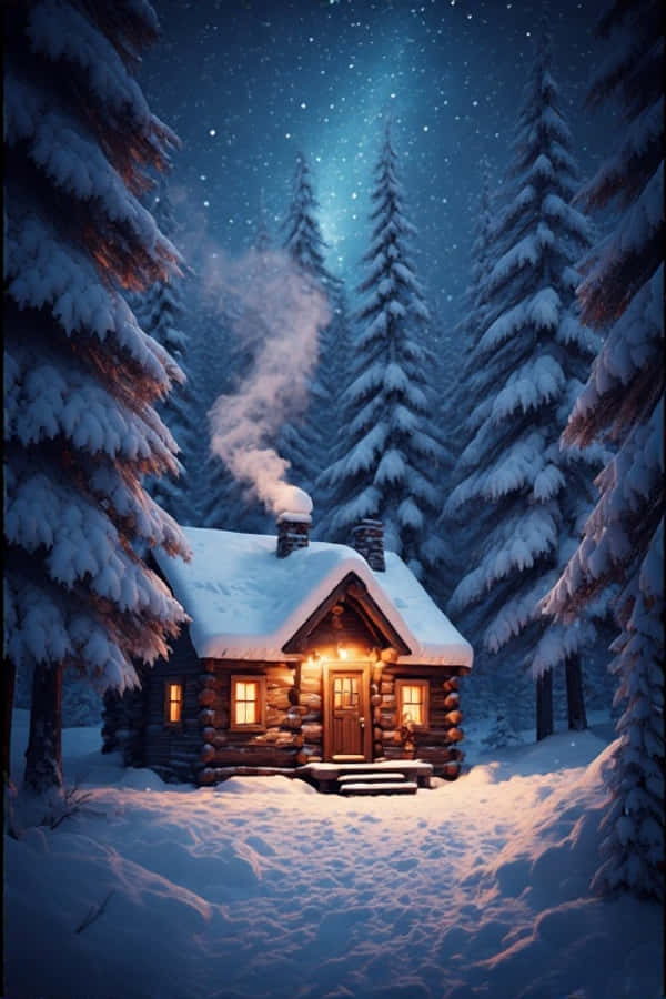 雪に覆われた冬の松林の小屋 幻想的な4K 壁紙
