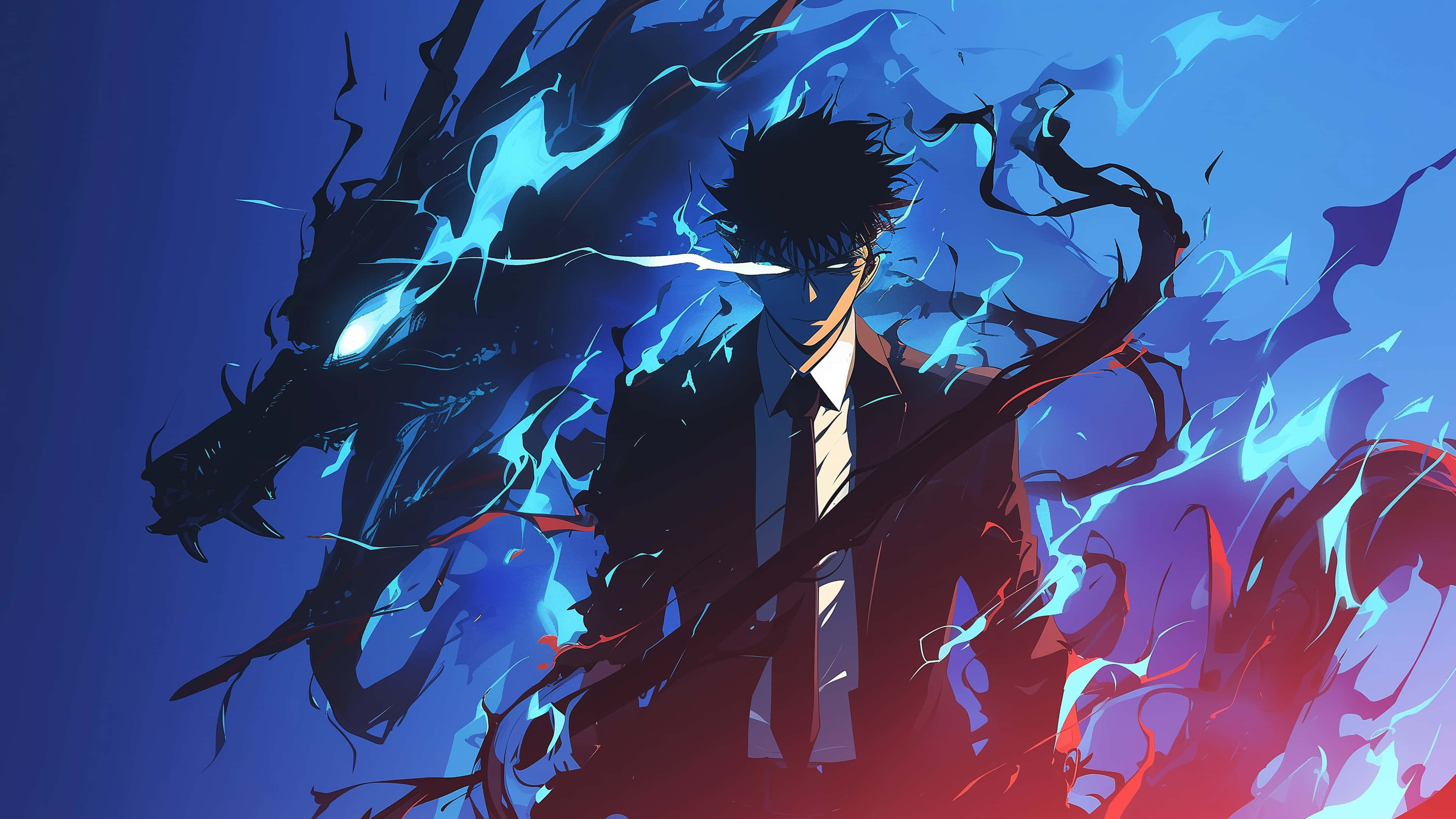 エピックなアニメ少年の青い雷オーラ 4K 壁紙