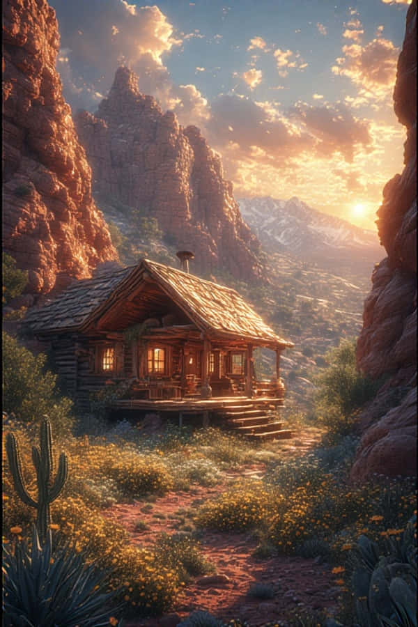 砂漠のオアシスキャビンと野花 暖かな自然 4K 壁紙