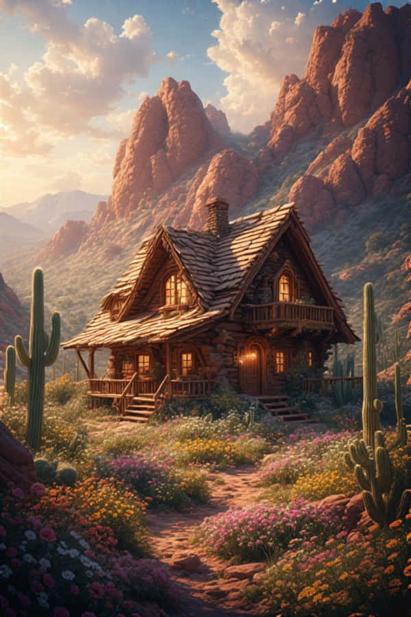 砂漠のオアシスの小屋と野の花 暖かな自然 4K 壁紙