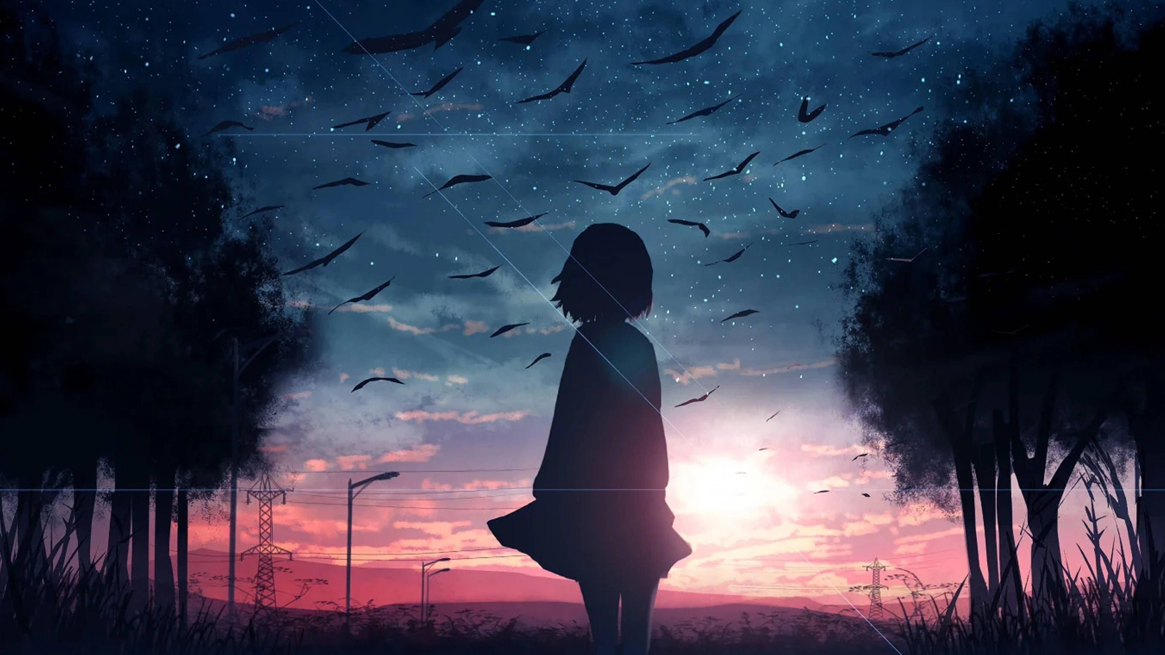 悲しげなアニメの少女が星空を見上げる4K壁紙 壁紙