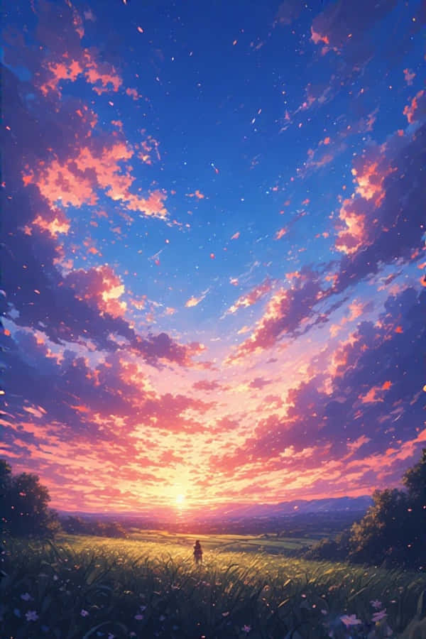 アニメ風夕焼けの田園風景 夢幻的で鮮やかな4K 壁紙