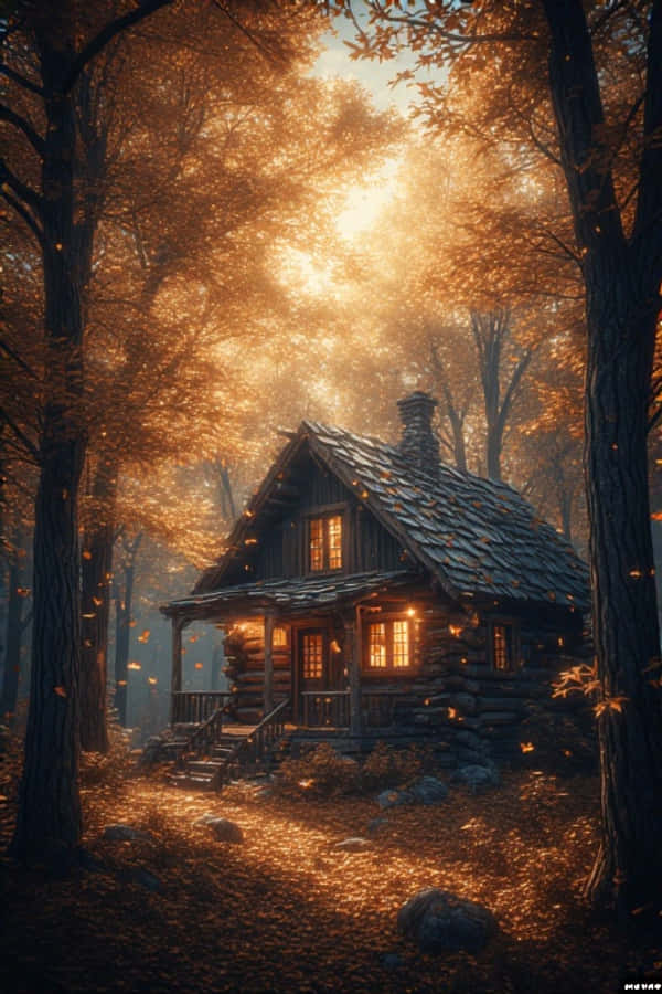秋の森の暖かな小屋 紅葉の自然4K 壁紙