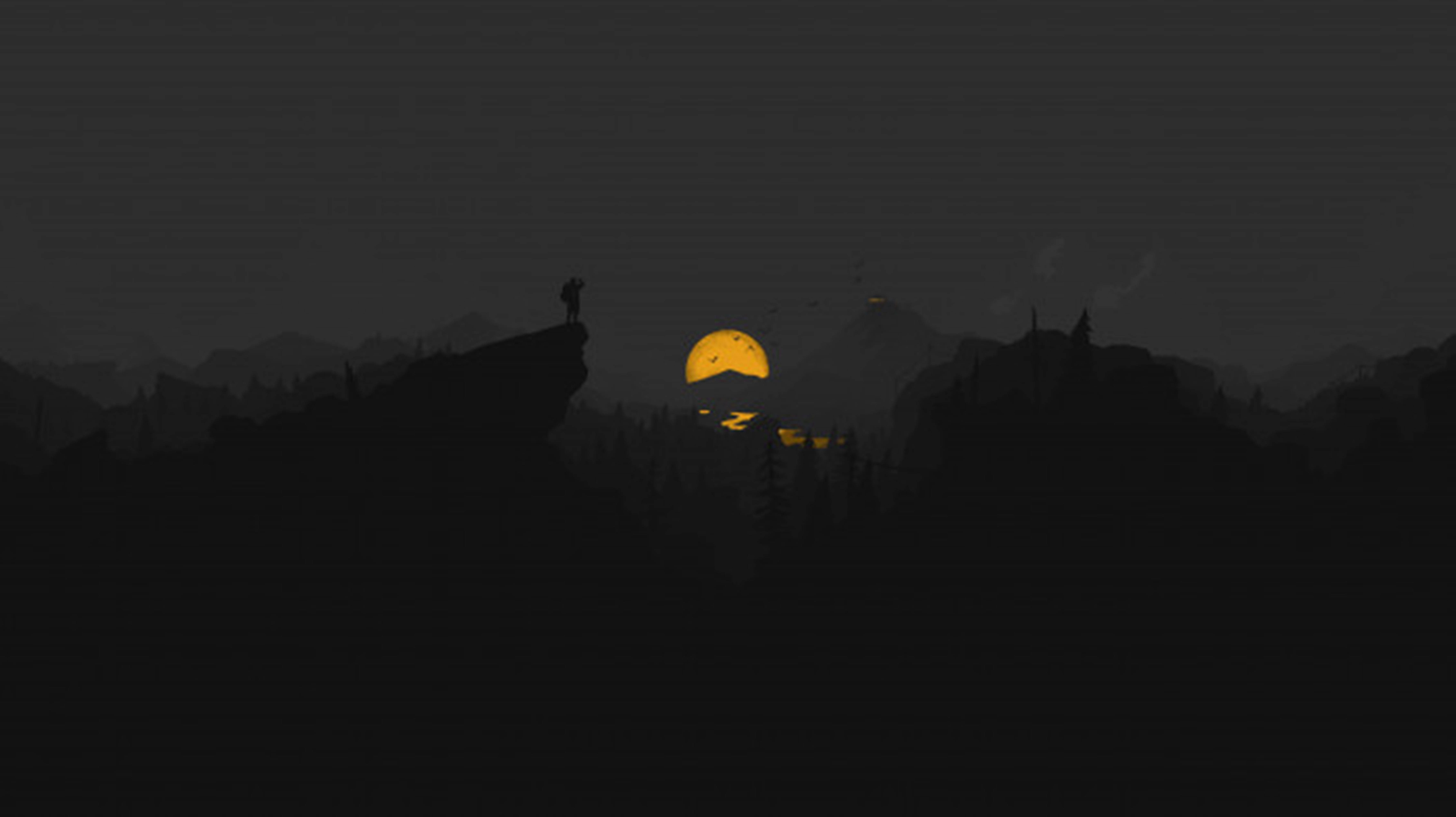 4K Firewatch 黄色い月と川 壁紙