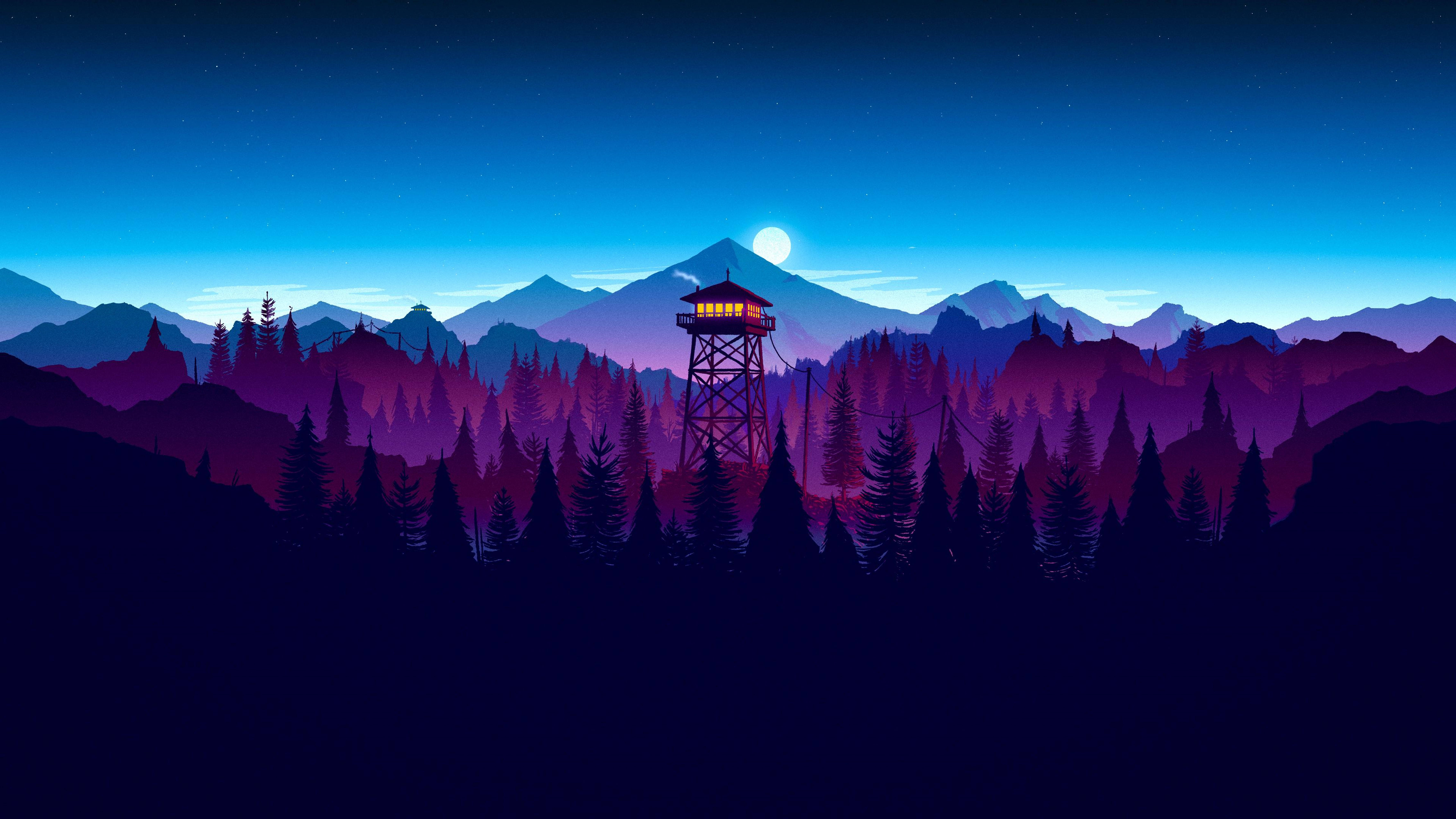 4K Firewatch 紫の森のシルエット 壁紙