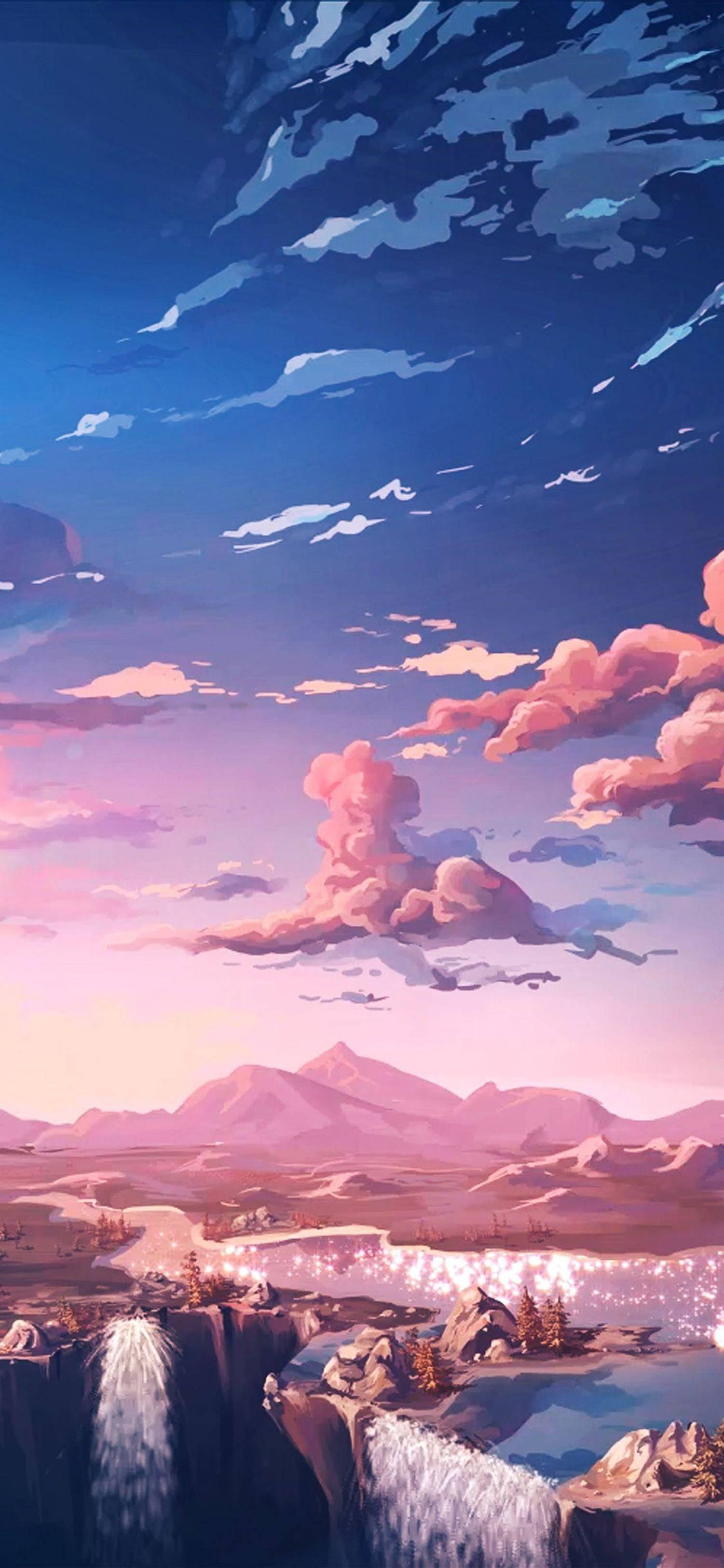 4Kアニメ iPhone ピンクの空の風景 壁紙