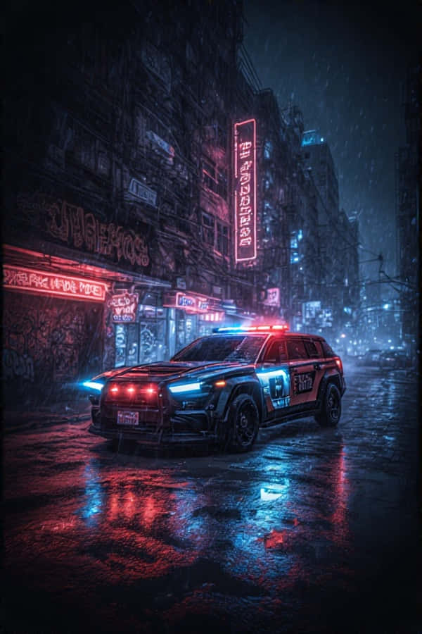 ネオンシティをパトロールする未来的なパトカー 4K 壁紙