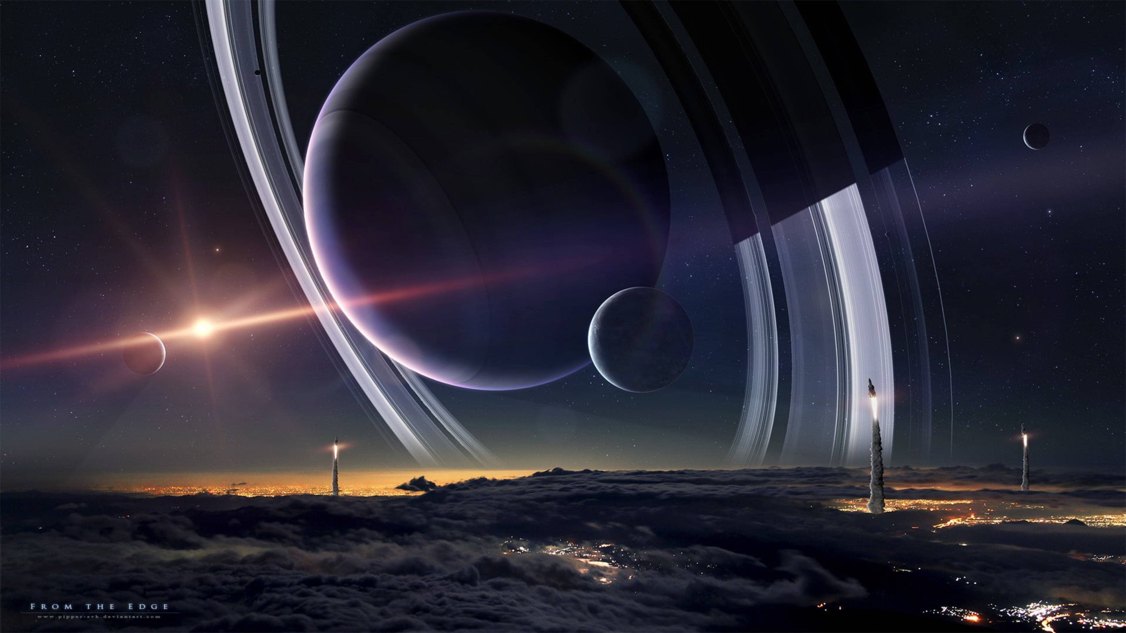 灯台と土星 4K 壁紙