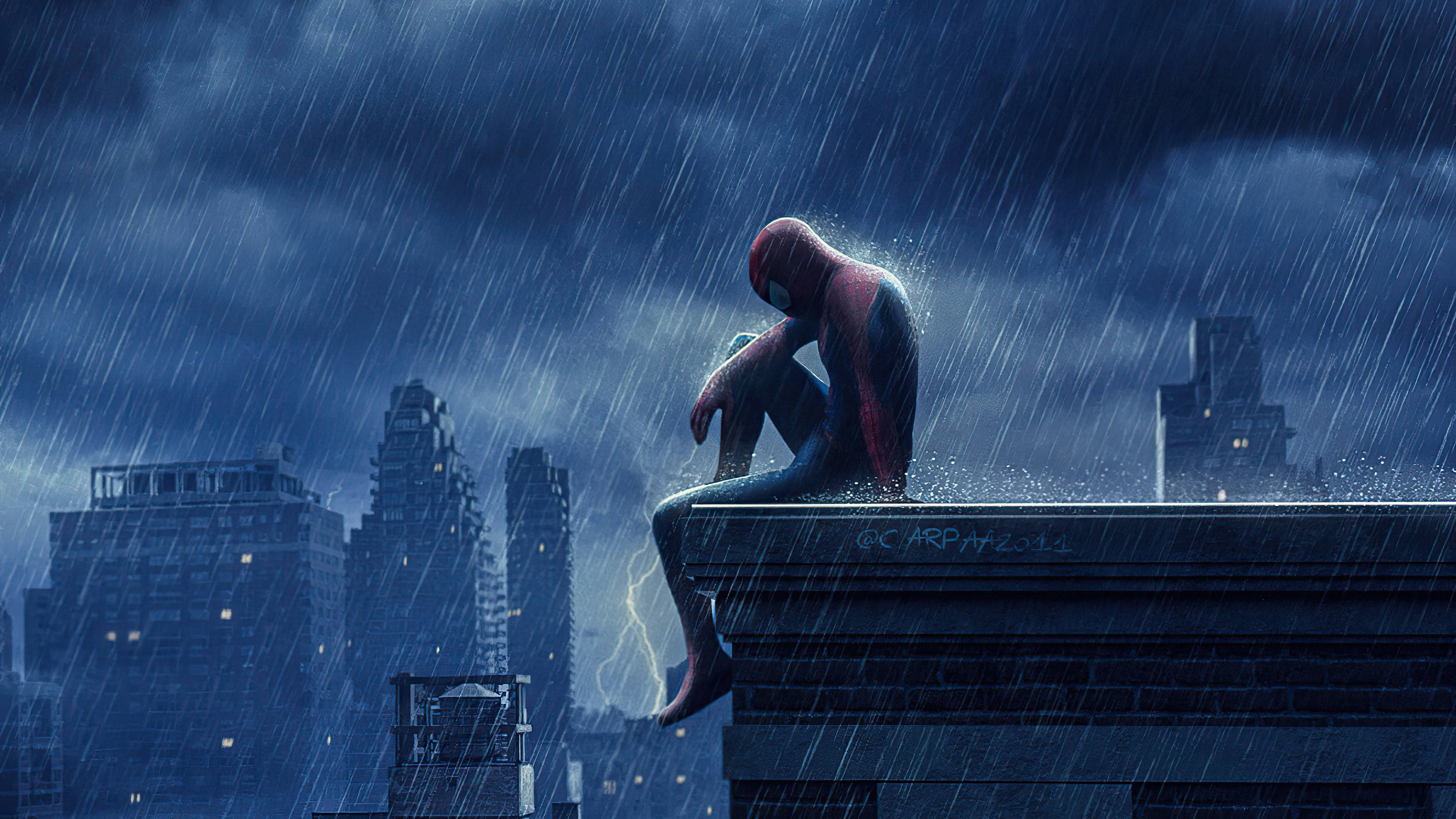 スパイダーマン 屋上で悲しむ 4K 壁紙