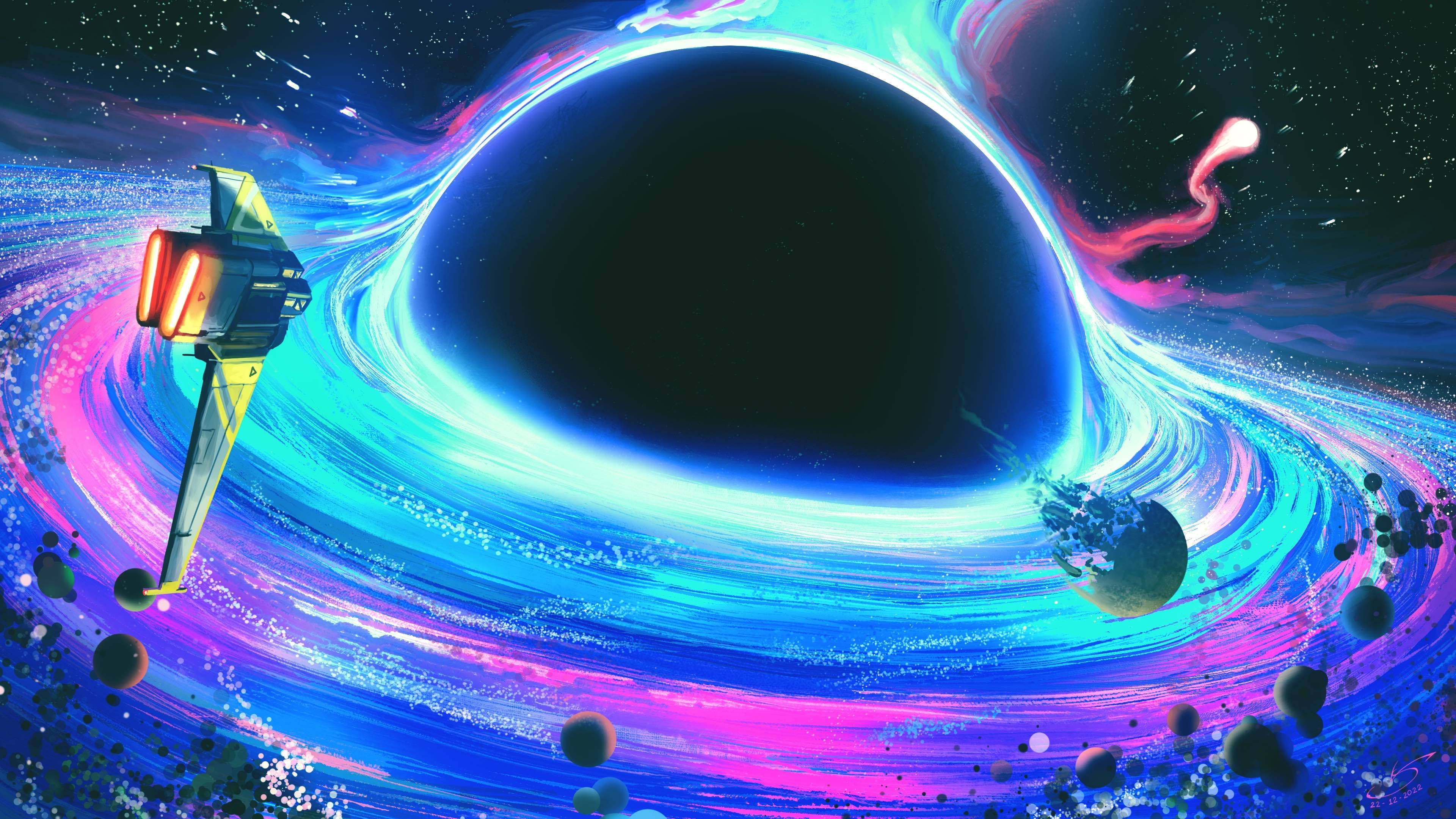 4K ブラックホール ネオンスペースシップアート 壁紙