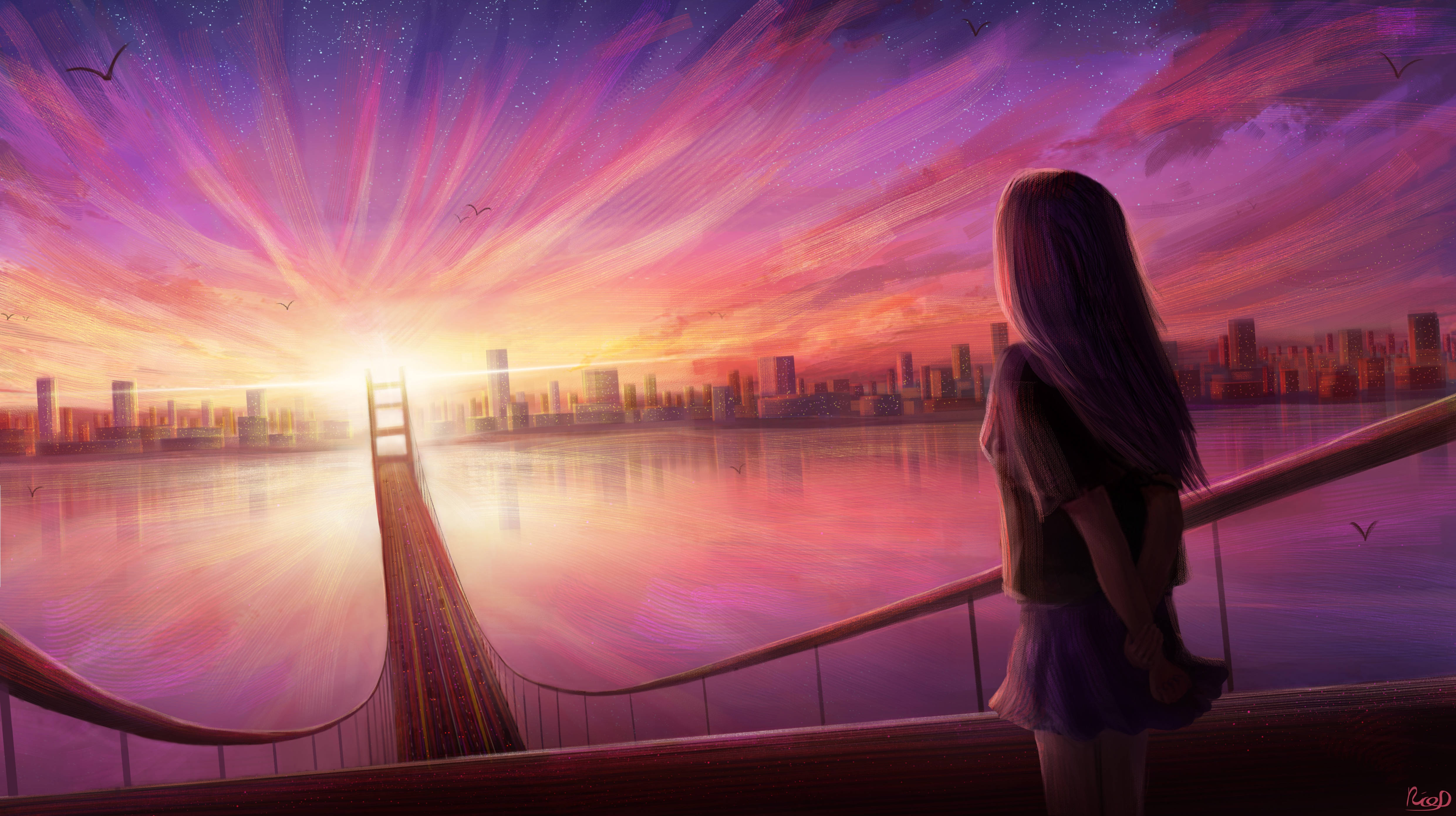 4Kアニメ 夕日と橋 壁紙