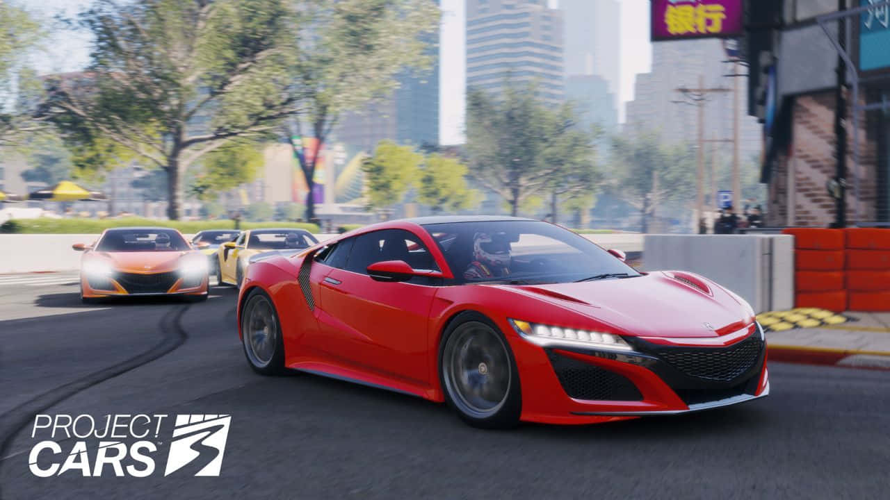 赤い車と木々 720p Project Cars 背景 壁紙