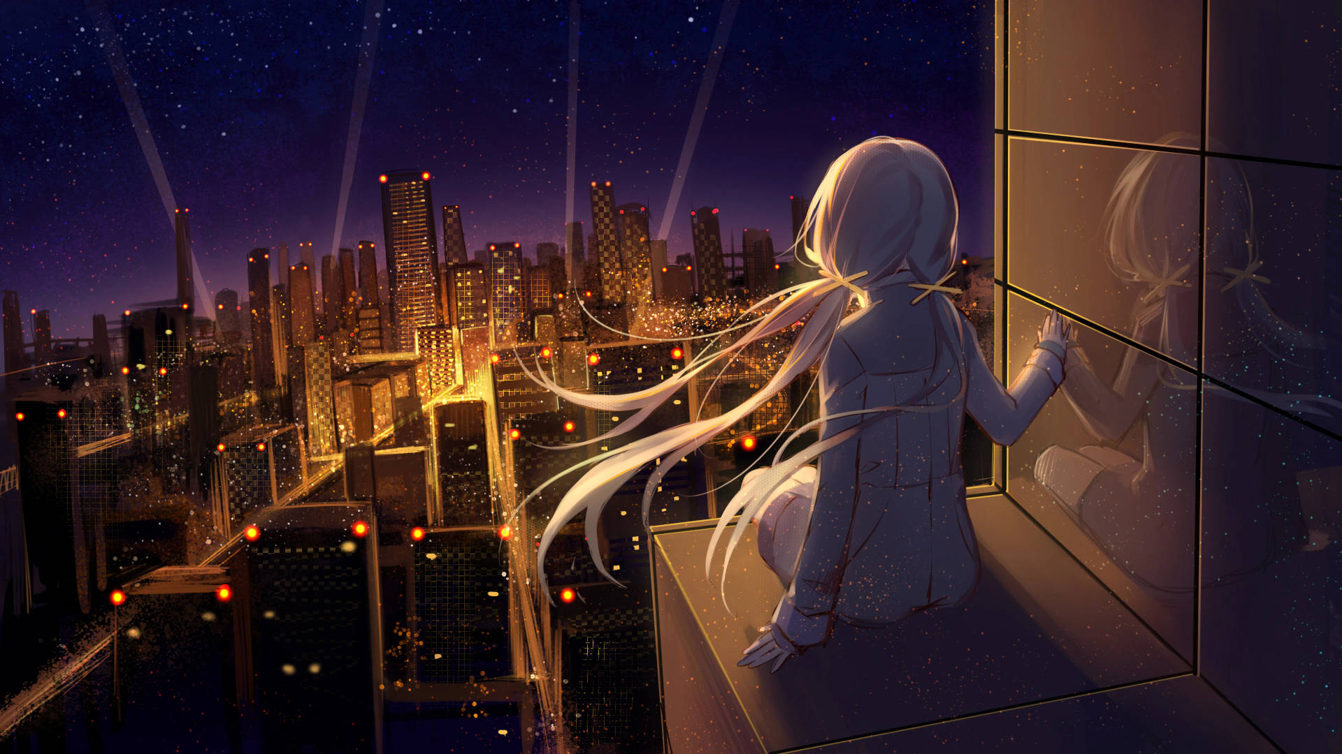 8Kアニメの少女が街を見下ろす