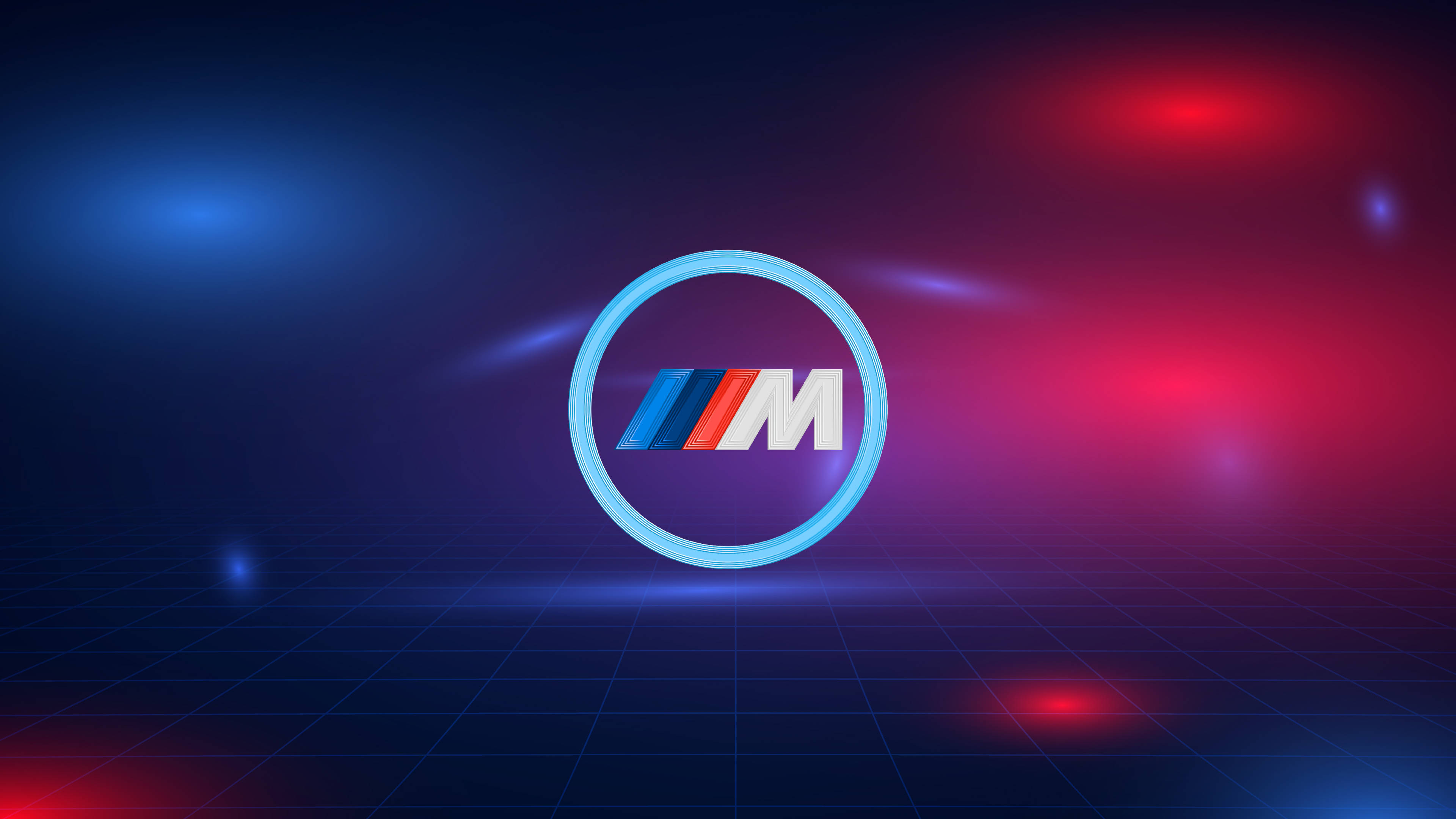青と赤の光に浮かぶBMW Mロゴ 壁紙