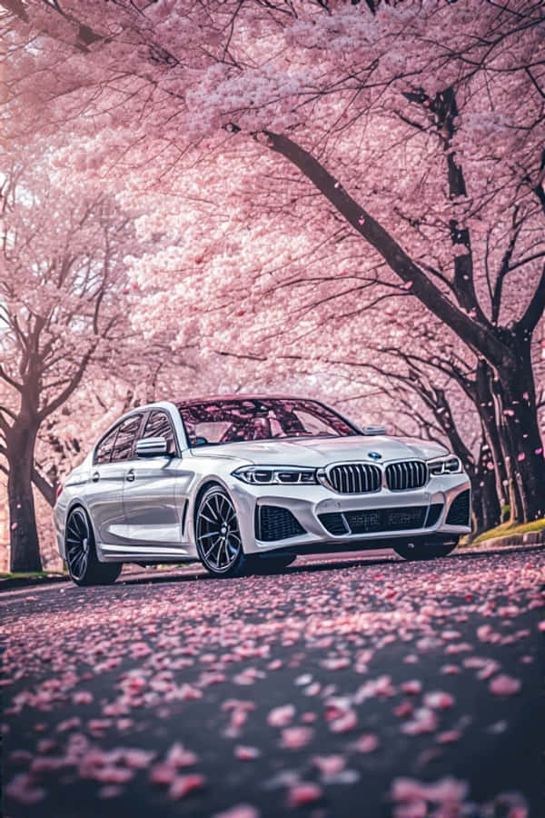 春の美しい白いBMWが桜の下で 壁紙