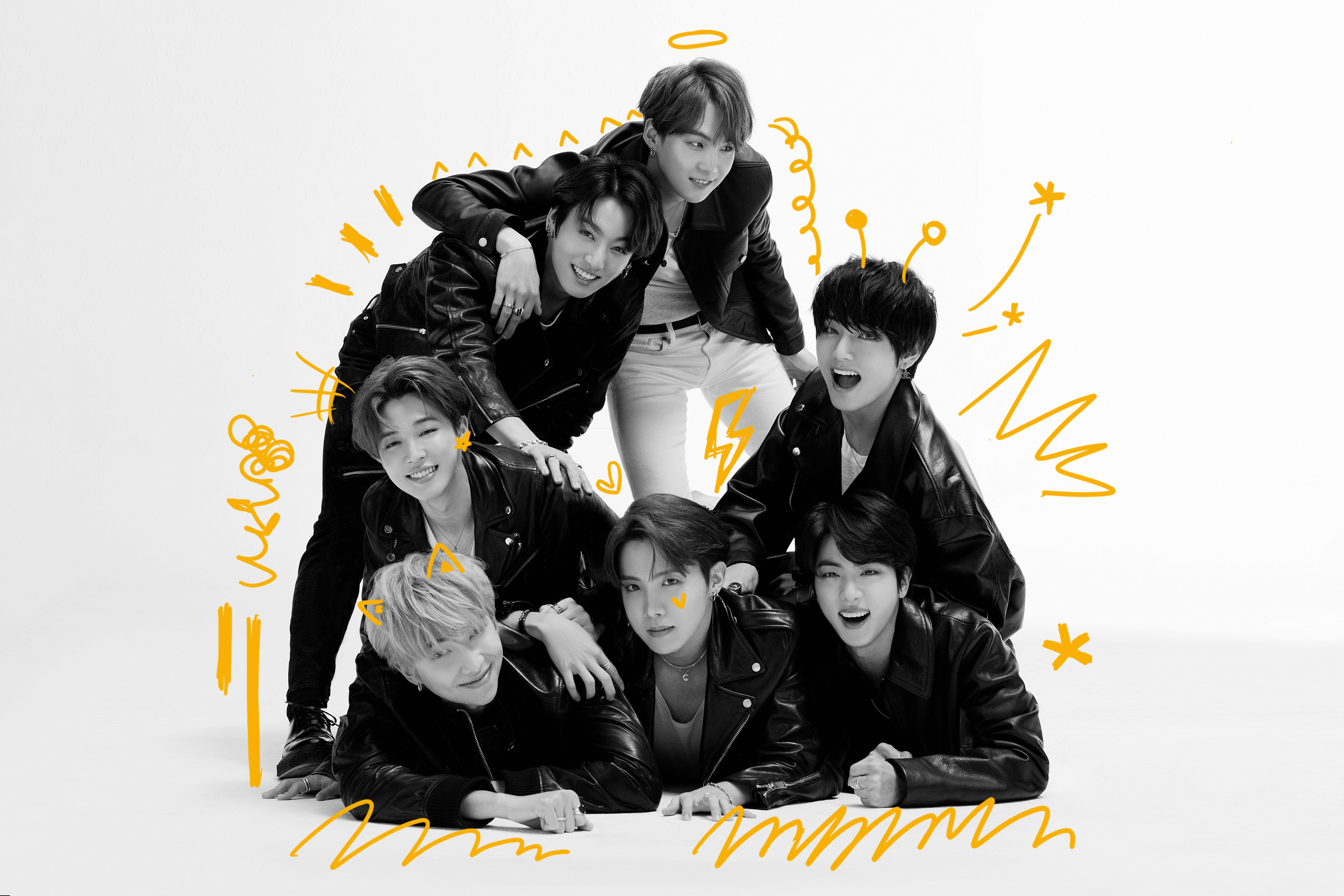 モノクロのBTS Dynamiteグループ写真 壁紙