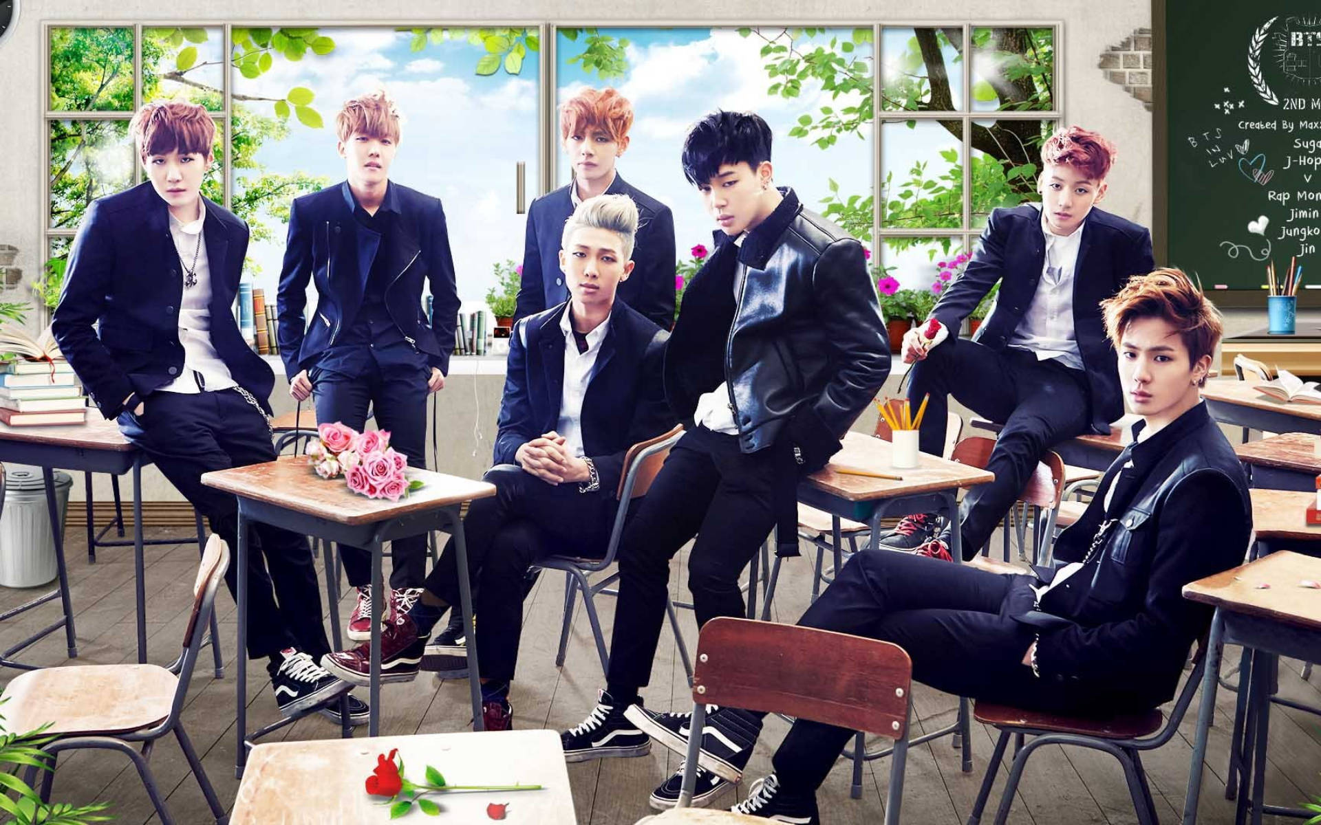 教室でのBTSグループ写真 壁紙