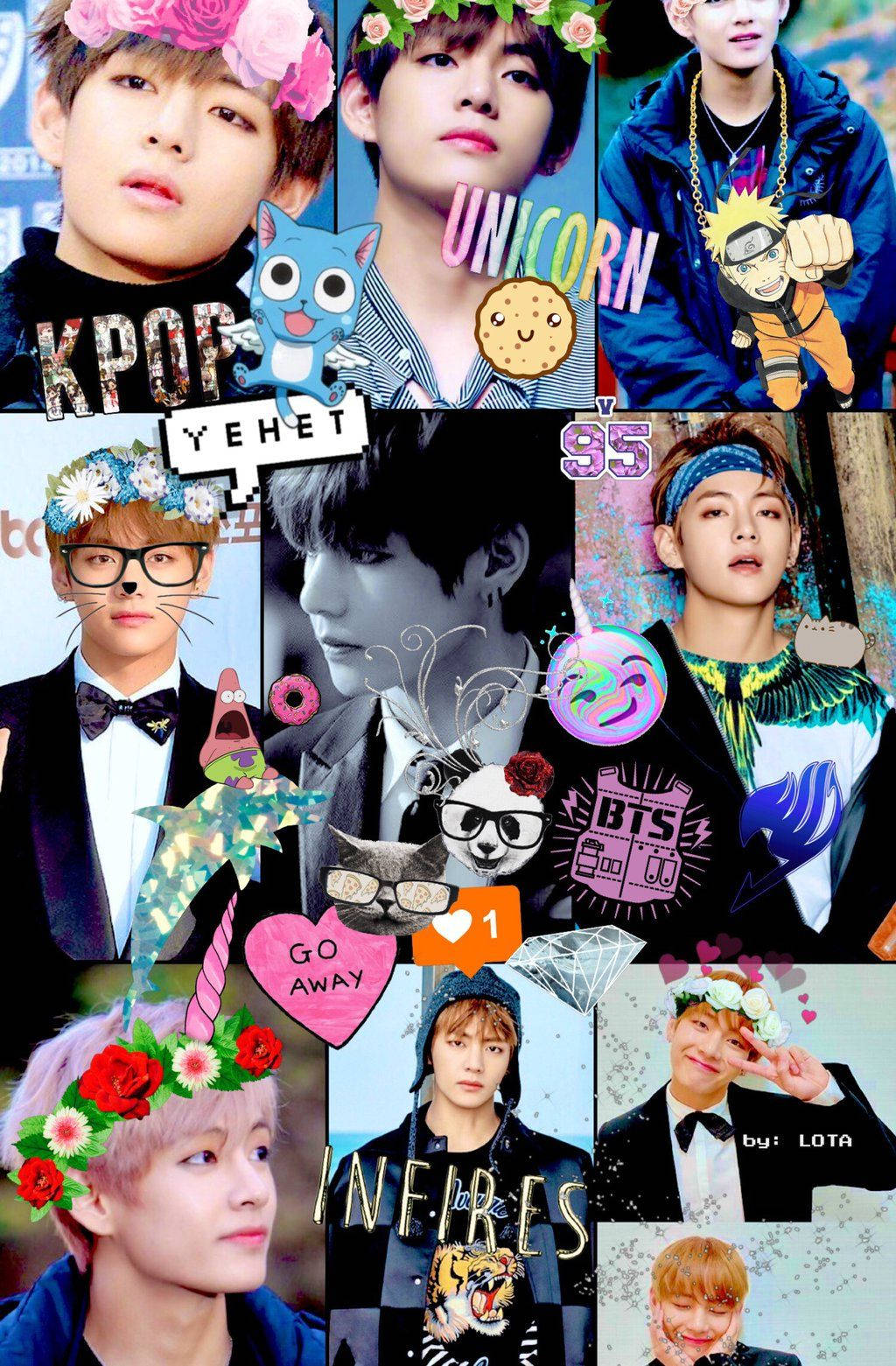 BTSのボーイズバンドメンバーV、Jungkook、Jimin、Suga、Jin、RM、J-hopeが可愛いステッカーと一緒に