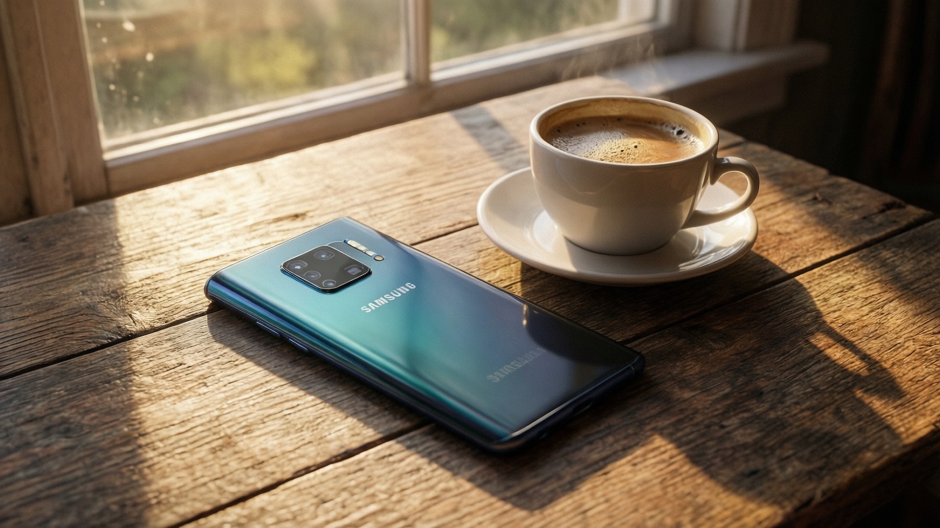 居心地の良いライフスタイルの壁紙。木製のテーブルに置かれたGalaxy S10とコーヒーが写っています。