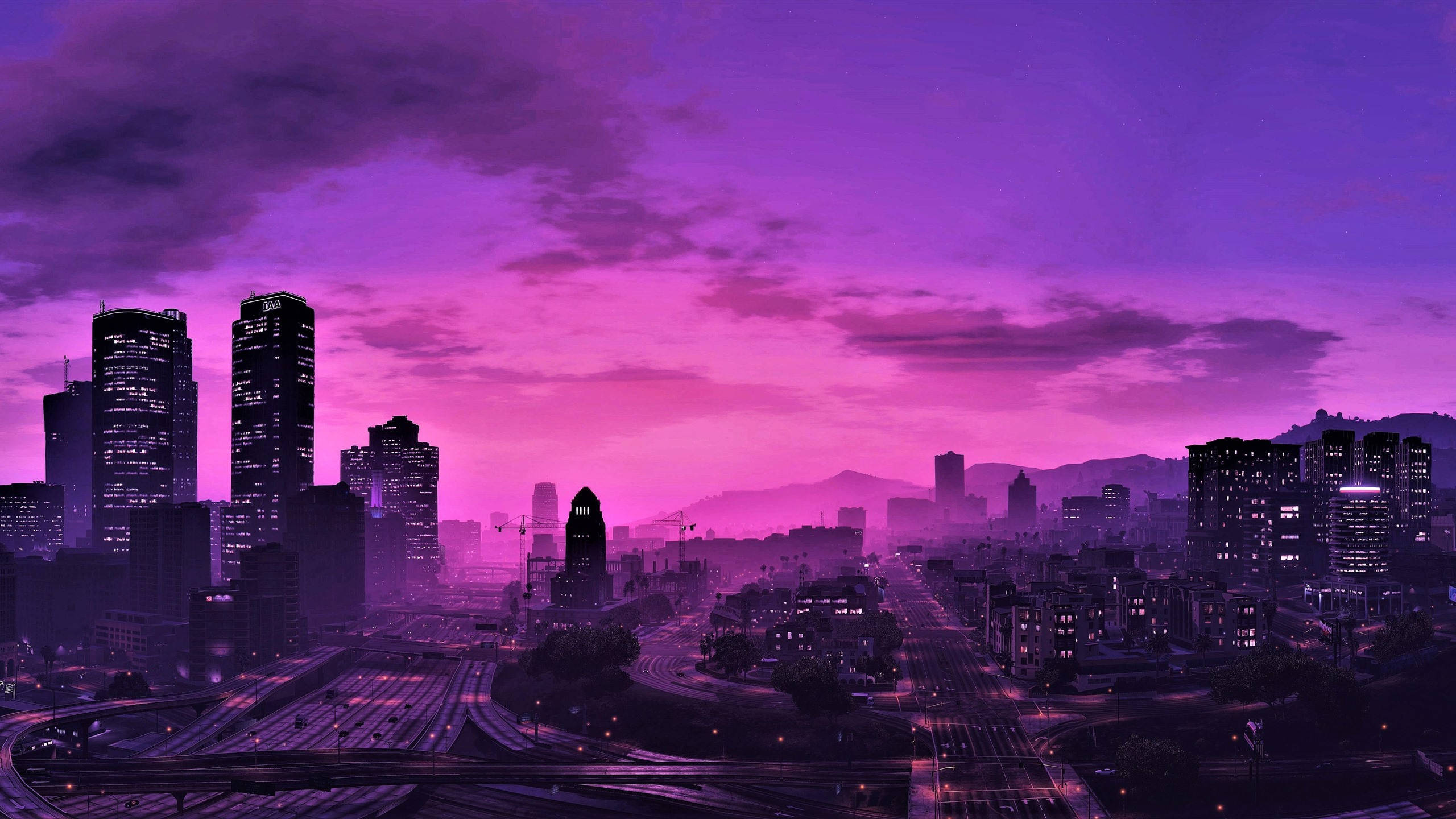 GTA 5 2560x1440 夜の紫空 壁紙