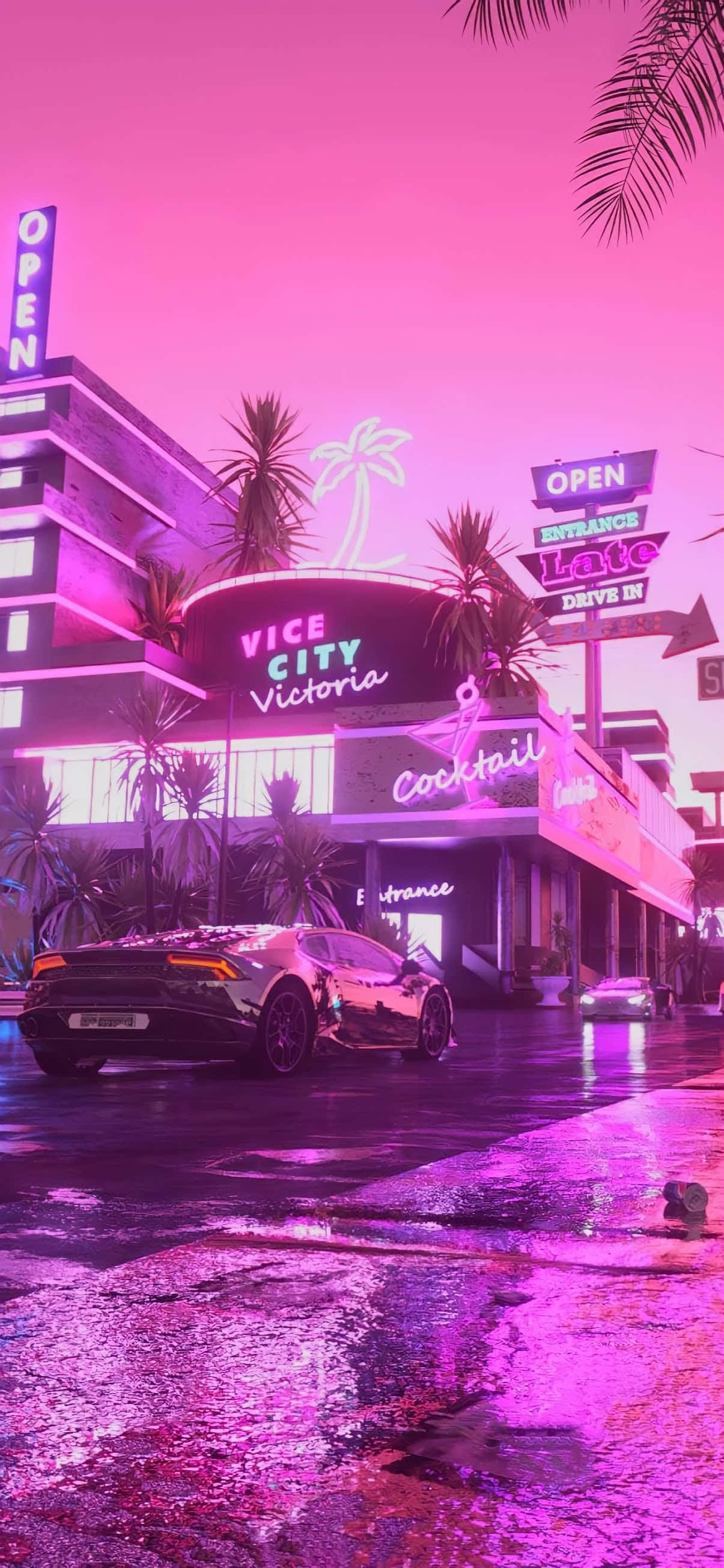 ピンクネオンライト GTA バイスシティナイト ヴェイパーウェイブ背景 壁紙