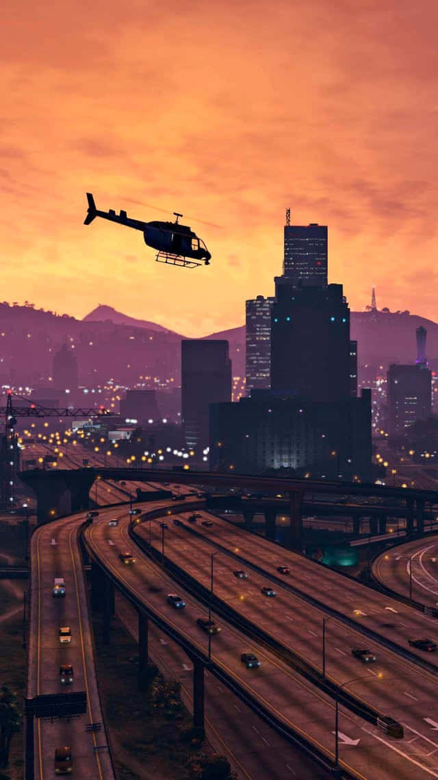 GTA背景 ロスサントス上空を飛ぶヘリコプター 壁紙