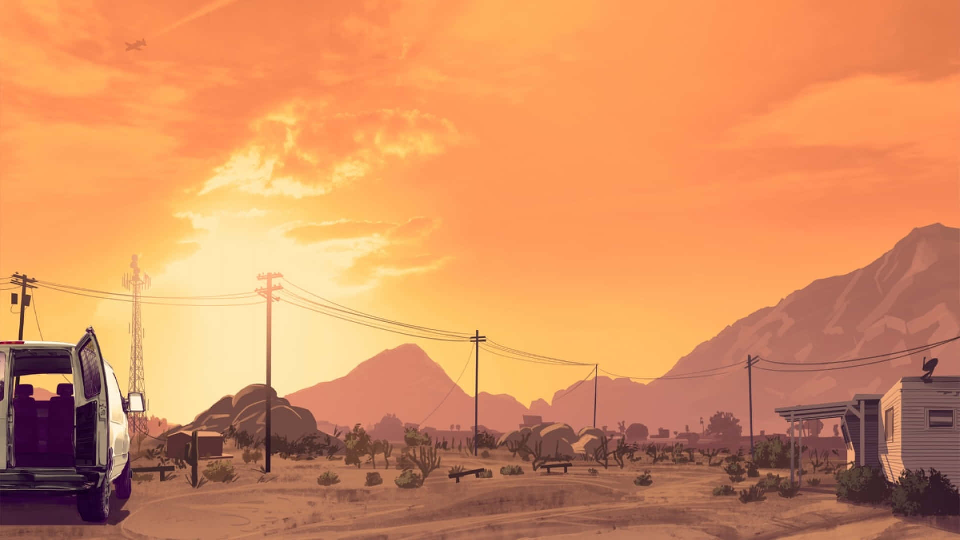 GTA背景 山々の上空に広がるオレンジ色の空 壁紙