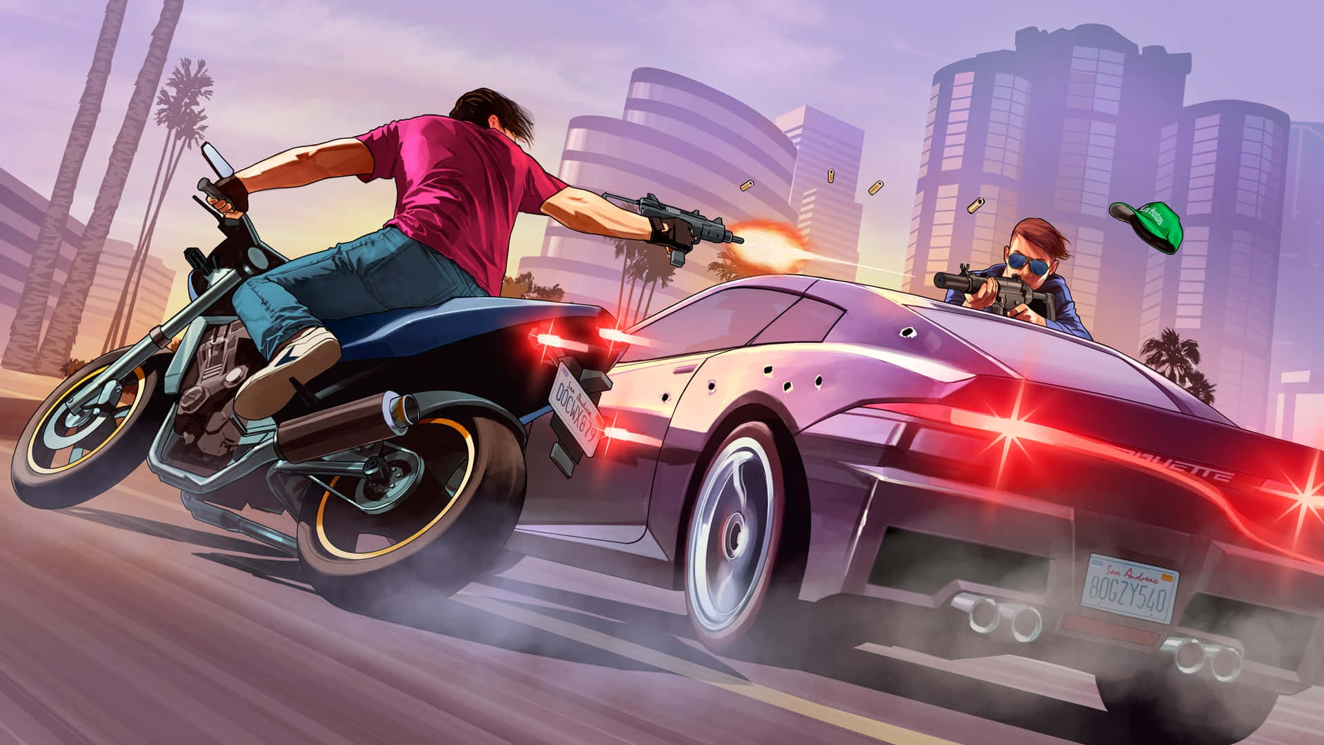 GTA背景ファンアート バイク対車の銃撃戦 壁紙