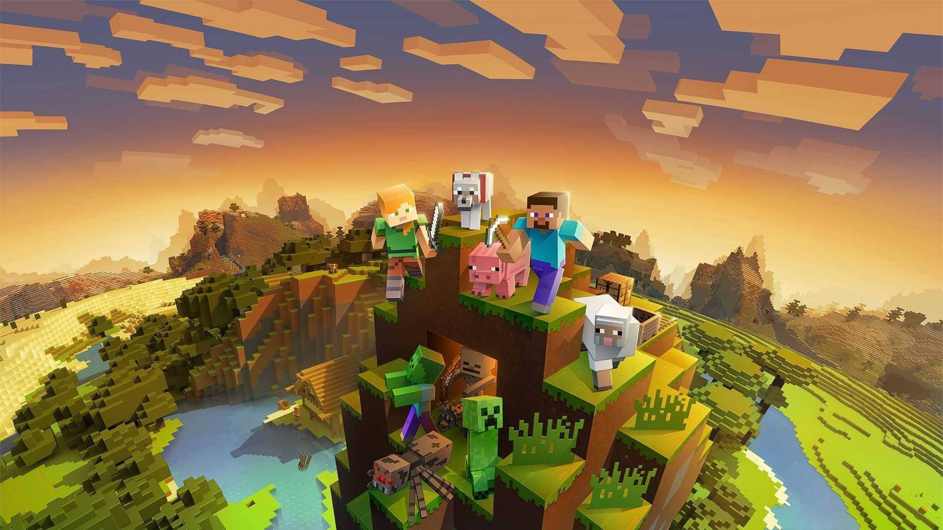 マインクラフトのキャラクターが山の上にいるHD壁紙 壁紙