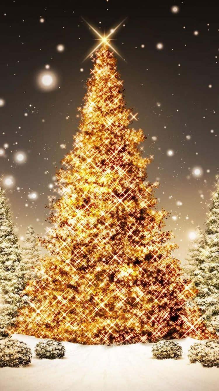 iPhone ゴールドクリスマスツリーと雪 壁紙