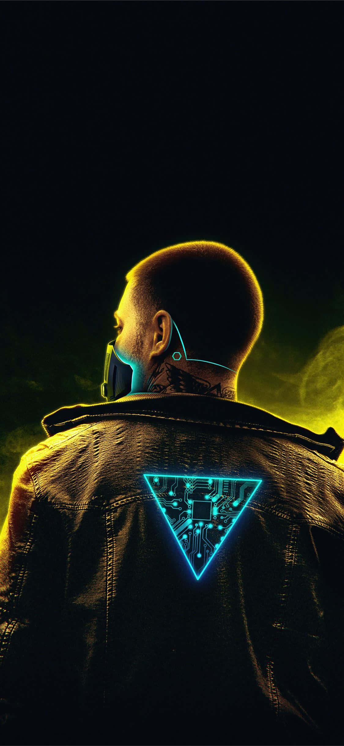 iPhone X Cyberpunk 2077 背景 サイボーグ男 三角形の光 壁紙