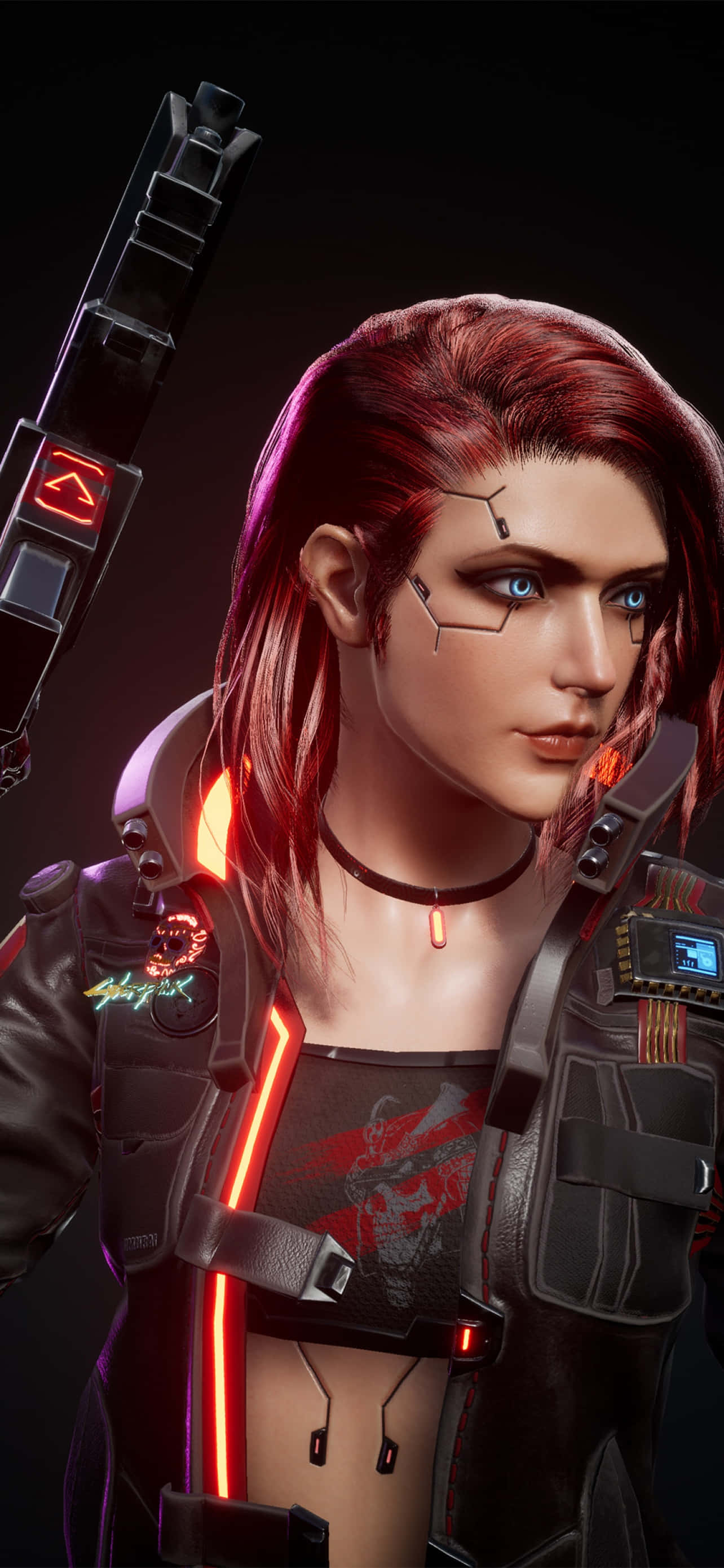 iPhone X用Cyberpunk 2077背景 赤い髪のカスタムキャラクター 壁紙