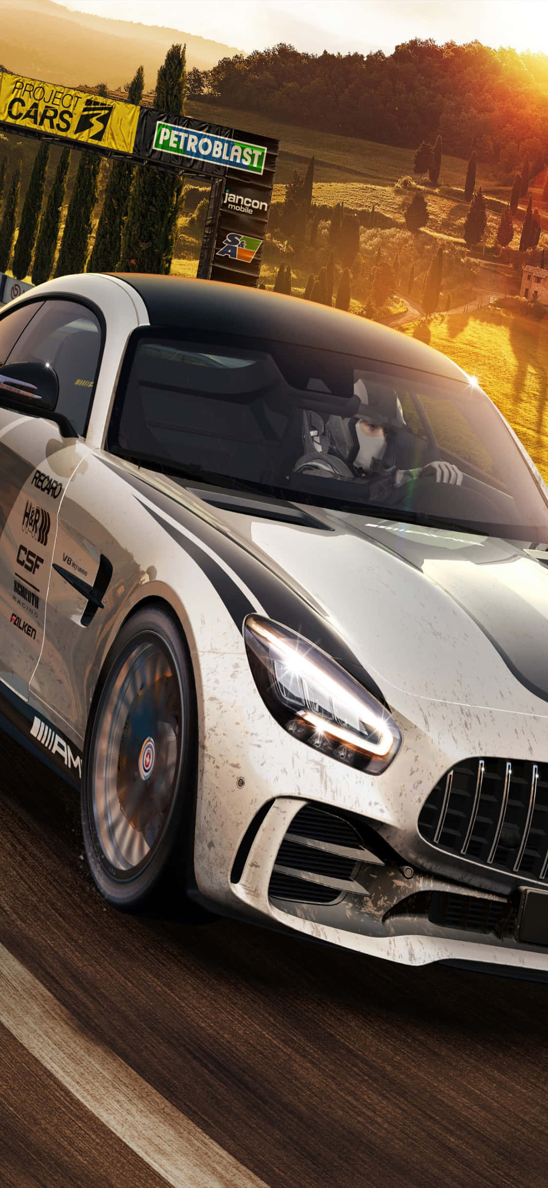 iPhone X プロジェクトカーズ背景 ライトグレー メルセデスAMG GT 壁紙
