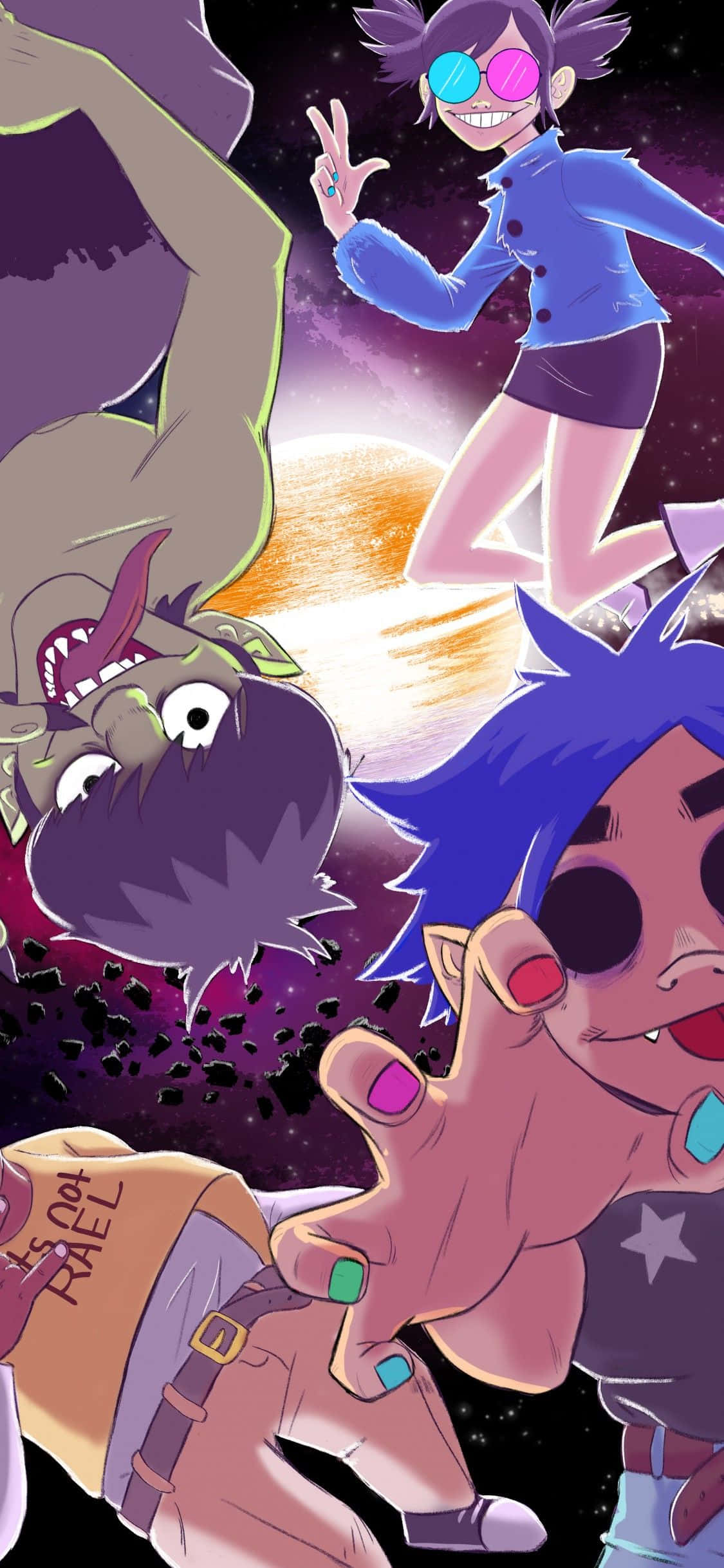ゴリラズ iPhone ファンアート 描画 宇宙空間を漂う 壁紙