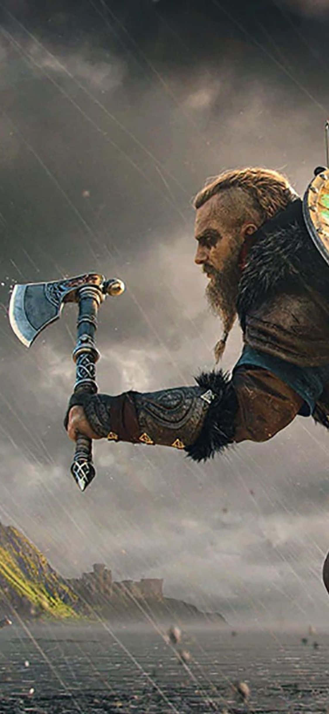 iPhone XS アサシン クリード ヴァルハラ 雨の中のヴァイキング戦士背景 壁紙