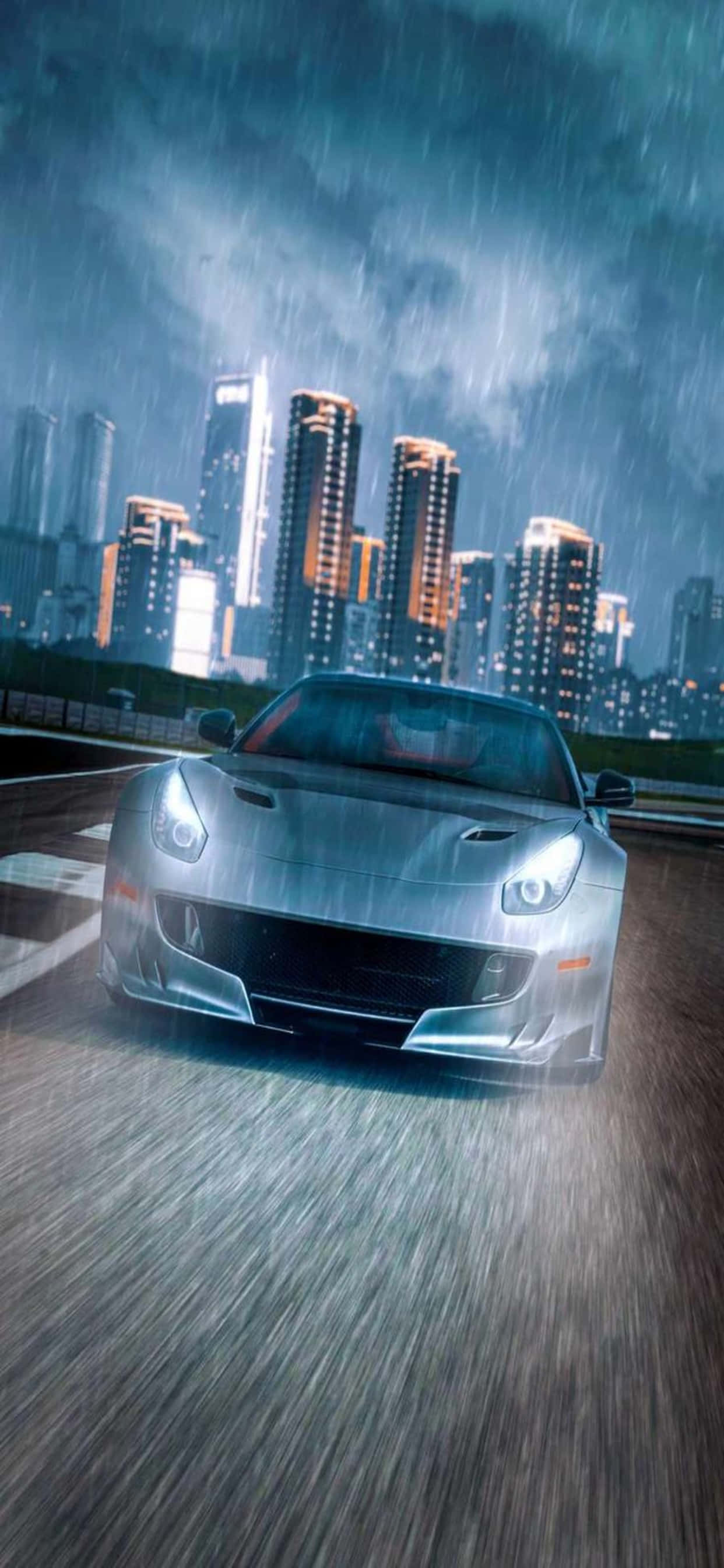 iPhone Xs Max Ferrari 背景 夜の雨の中のフェラーリ 壁紙