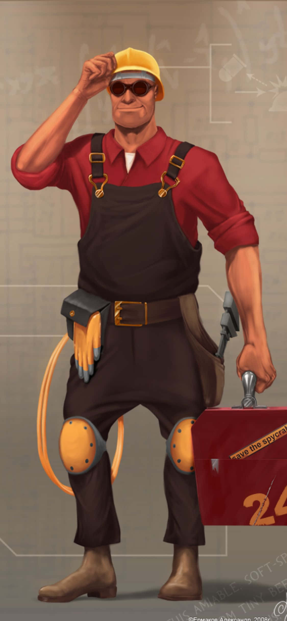 iPhone Xs TF2背景 ファンアート 赤いエンジニアのイラスト 壁紙