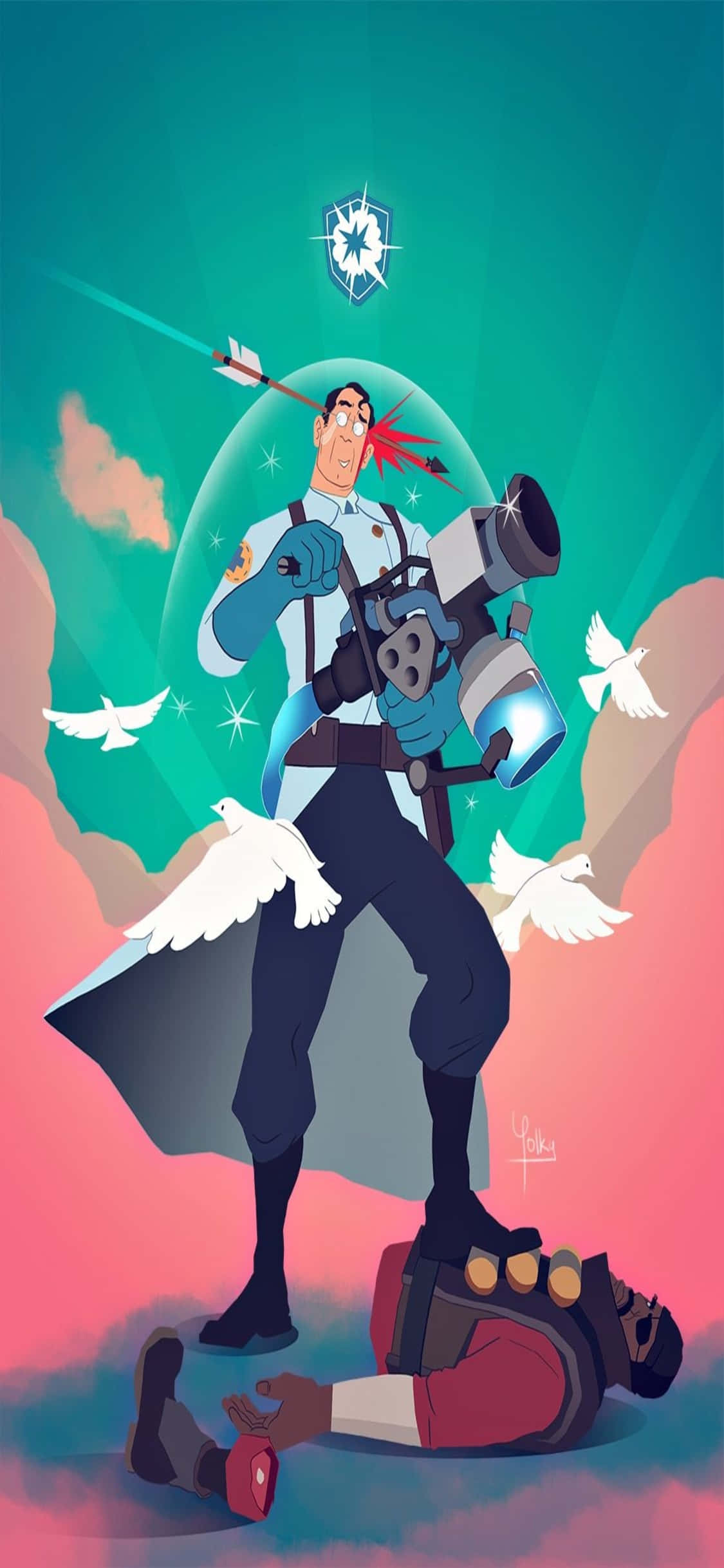 iPhone Xs TF2背景 デモマンの上に立つメディックのファンアート 壁紙
