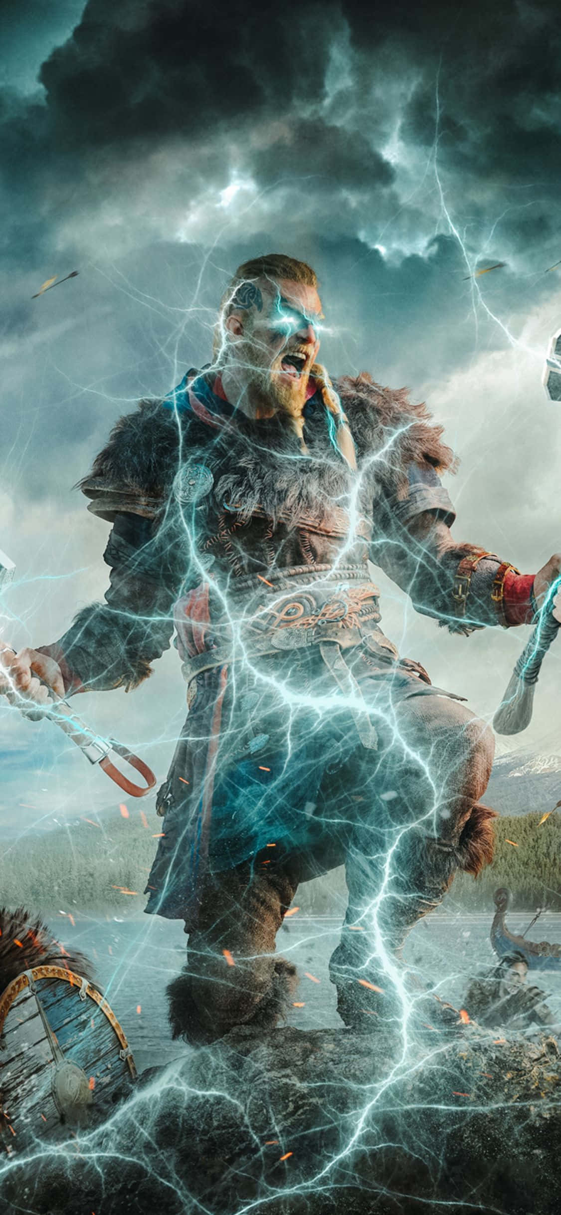 iPhone XS アサシン クリード ヴァルハラ 雷効果のエイヴォル背景 壁紙