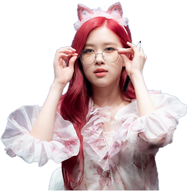 赤髪の女性K-POPスター、猫耳とメガネ姿 壁紙